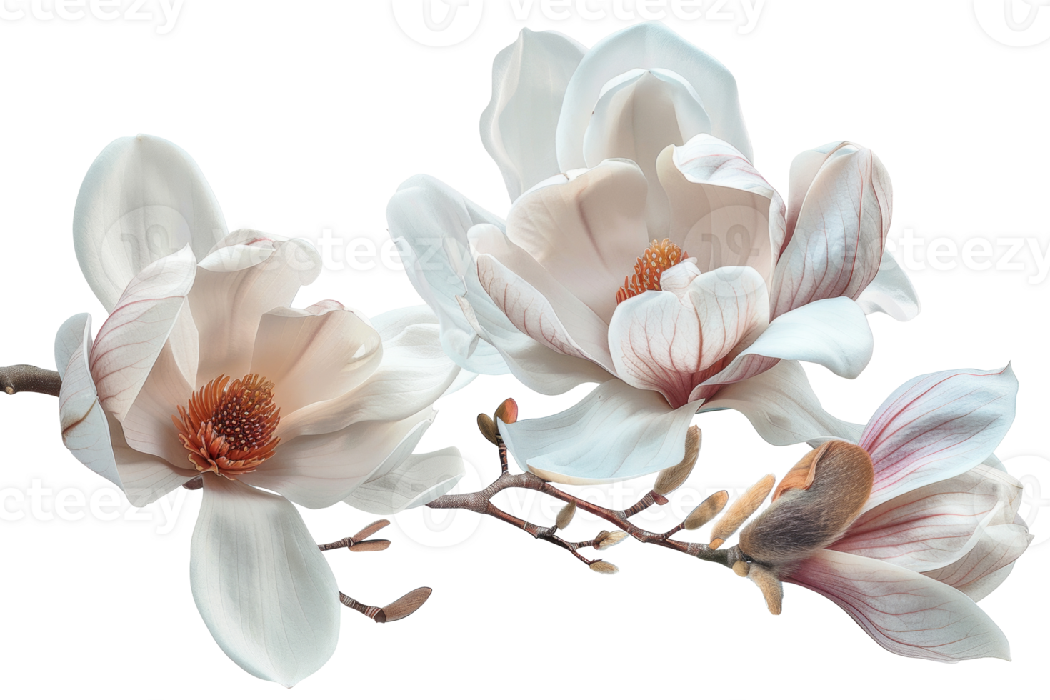 AI generated Soft white magnolia flowers in full bloom on branch on transparent background - stock png. png
