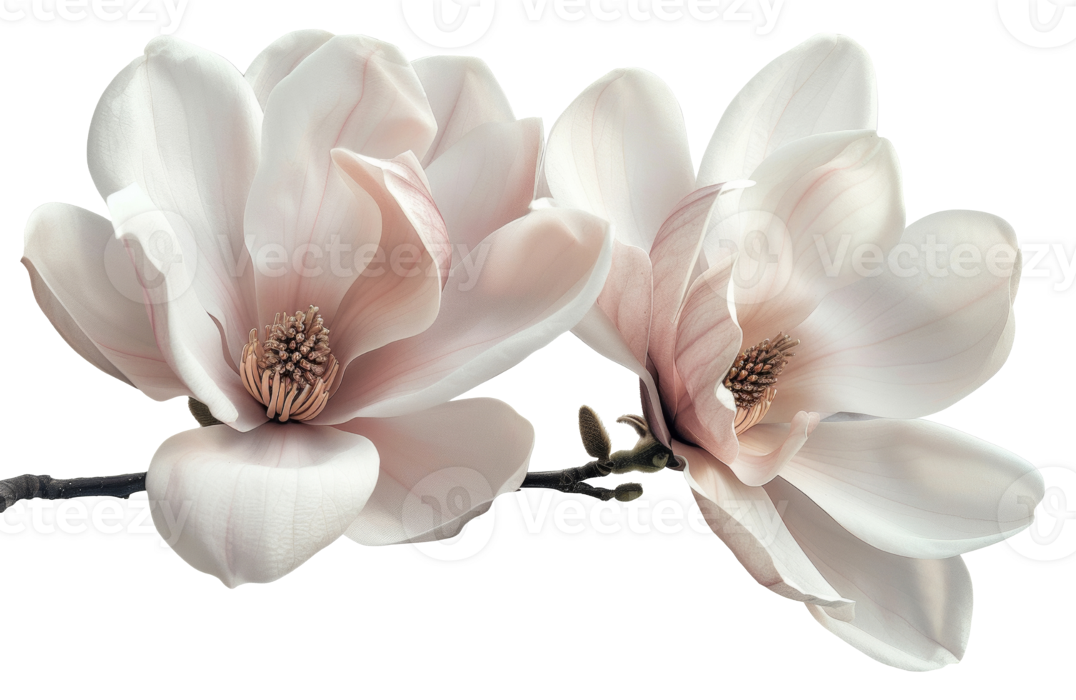 AI generated Soft white magnolia flowers in full bloom on branch on transparent background - stock png. png