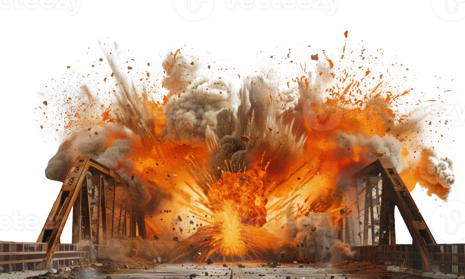 AI generated Dramatic explosion with intense flames on a bridge on transparent background - stock png. png