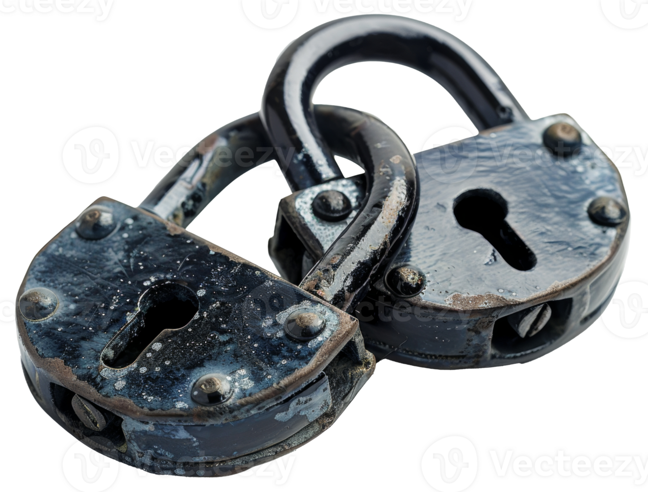 AI generated Interlocked vintage padlocks with blue patina on transparent background - stock png. png