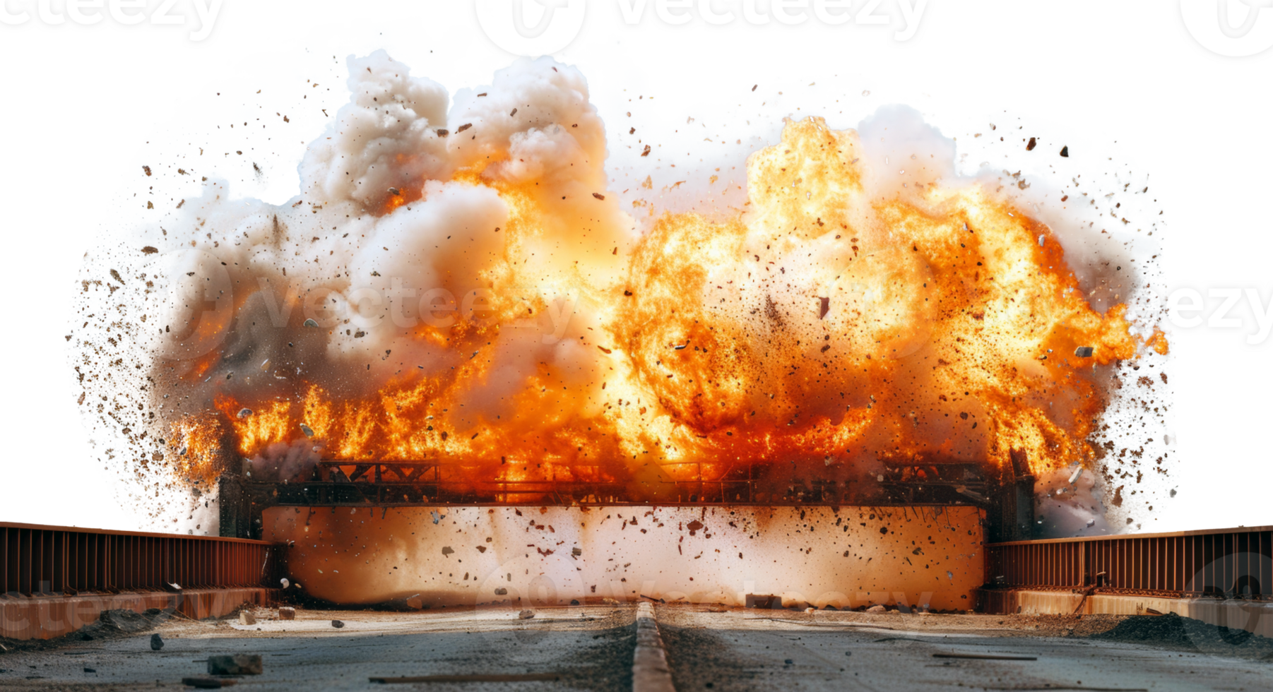 AI generated Intense bridge explosion with billowing smoke and fire on transparent background - stock png. png