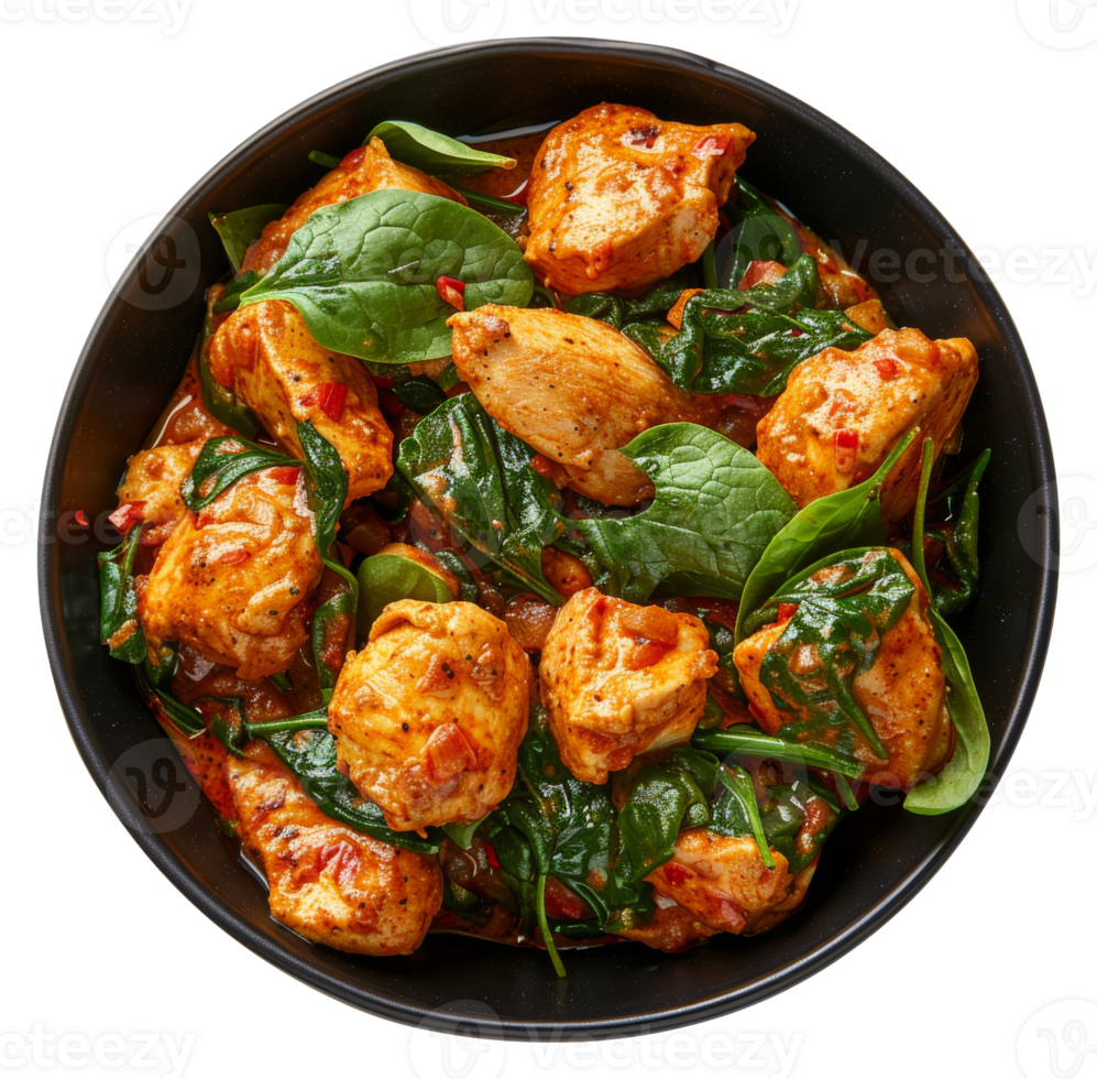 AI generated Spicy chicken tikka masala with spinach in a black bowl on transparent background - stock png. png