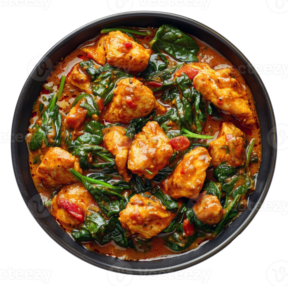 AI generated Spicy chicken tikka masala with spinach in a black bowl on transparent background - stock png. png