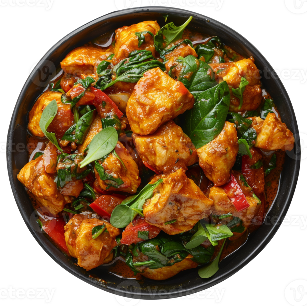AI generated Spicy chicken tikka masala with spinach in a black bowl on transparent background - stock png. png