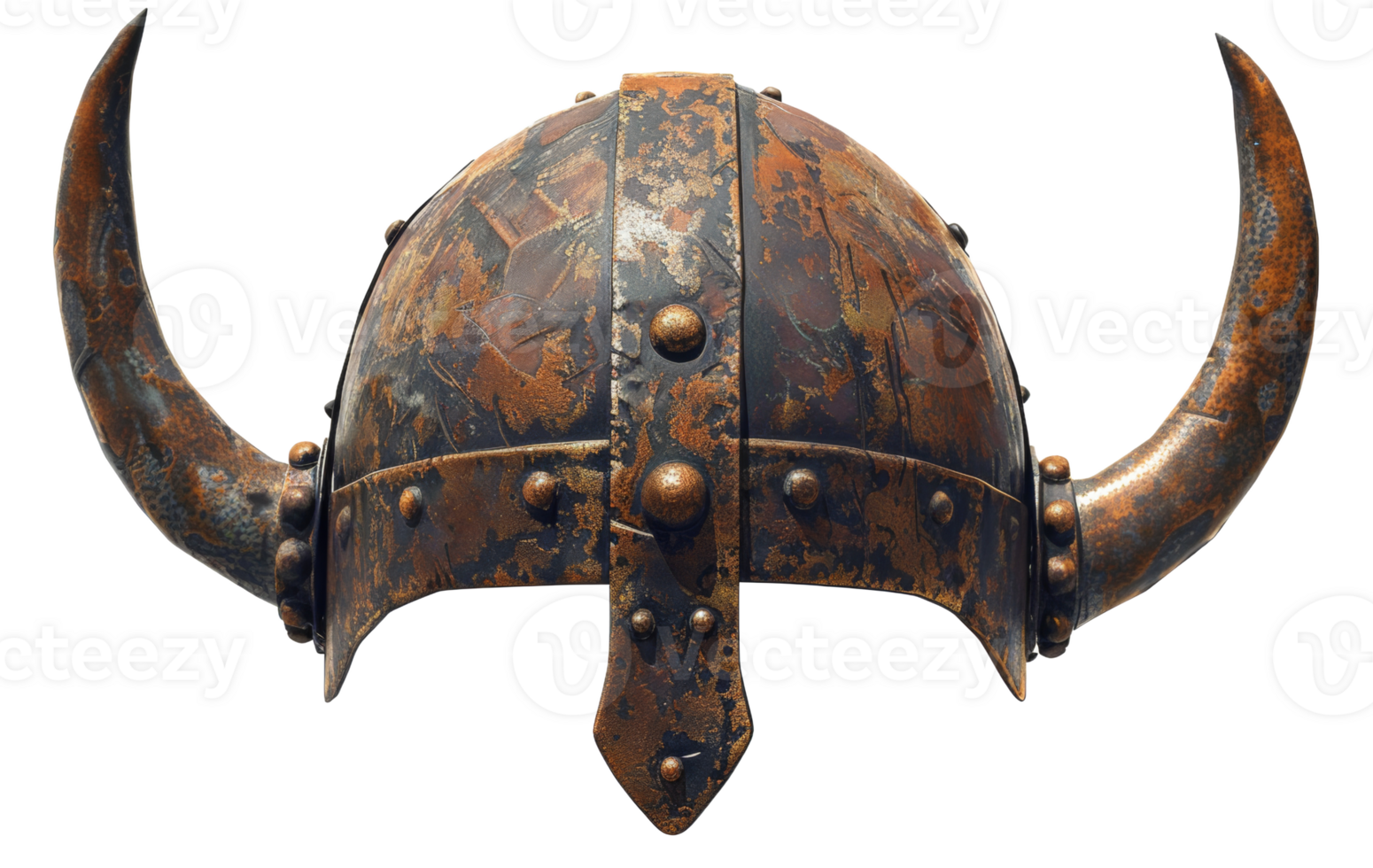 AI generated Ancient Norse Viking helmet with intricate metalwork and horns on transparent background - stock png. png