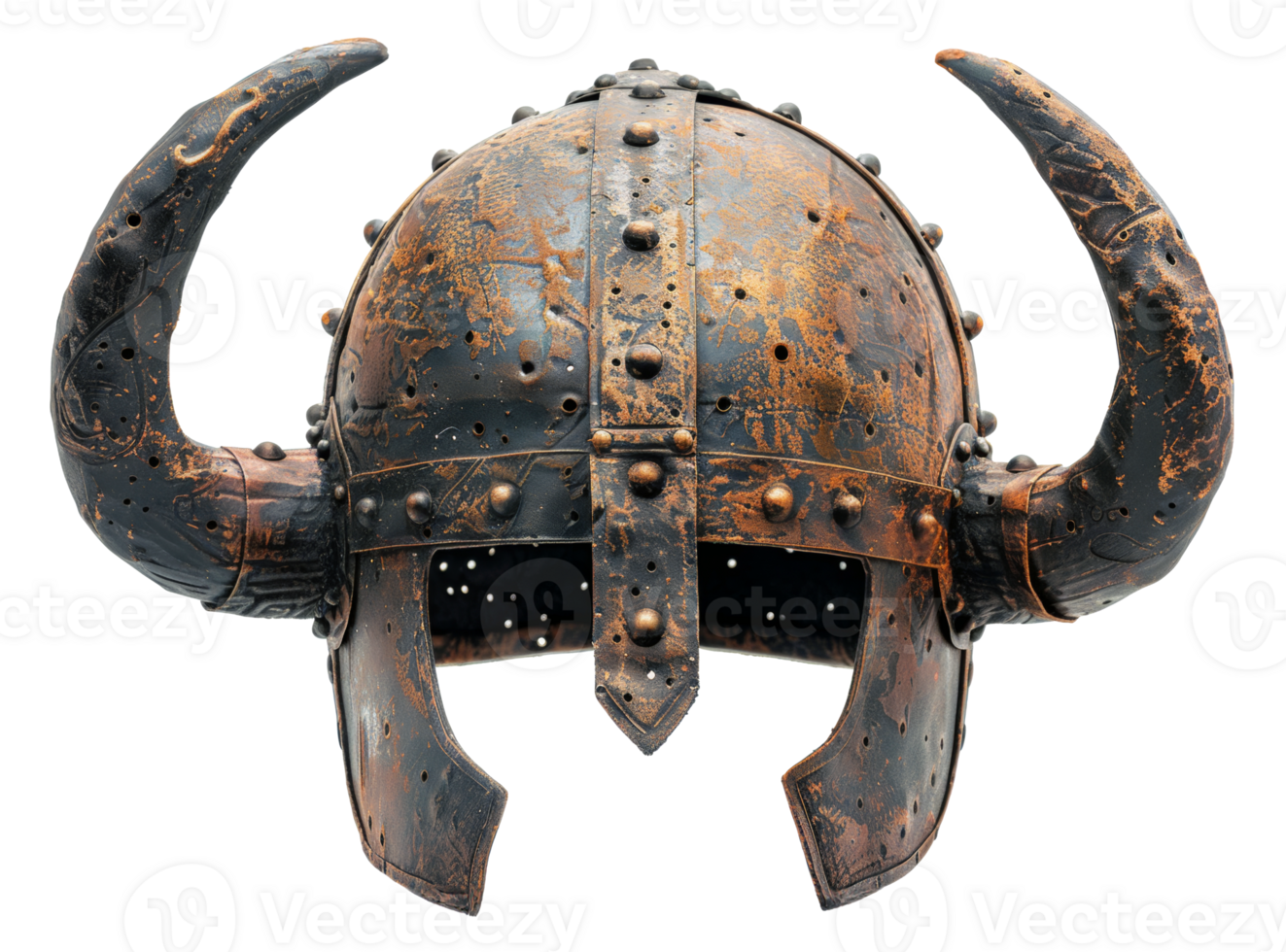 AI generated Ancient Norse Viking helmet with intricate metalwork and horns on transparent background - stock png. png