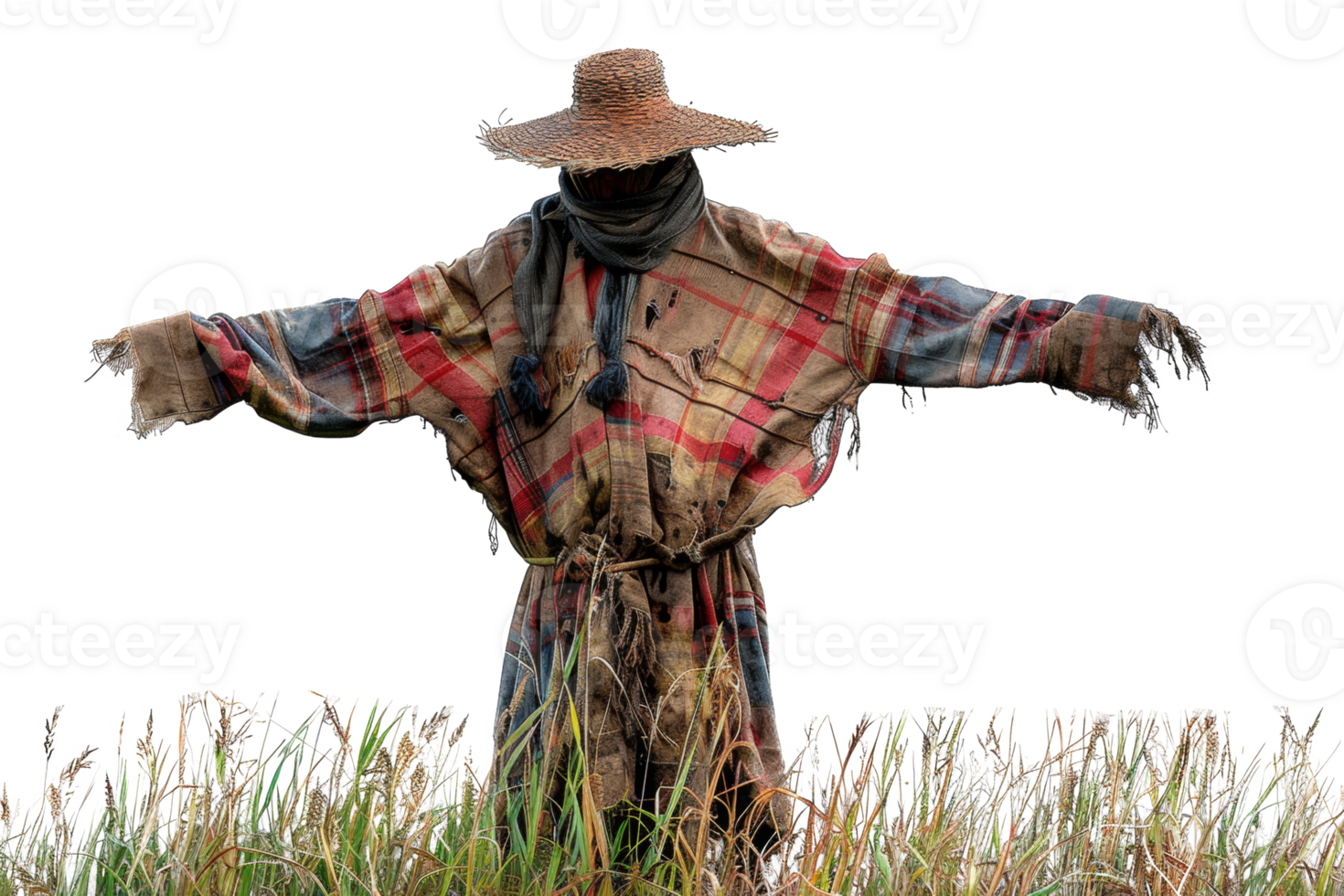 AI generated Handmade scarecrow guarding the autumn harvest field on transparent background - stock png. png