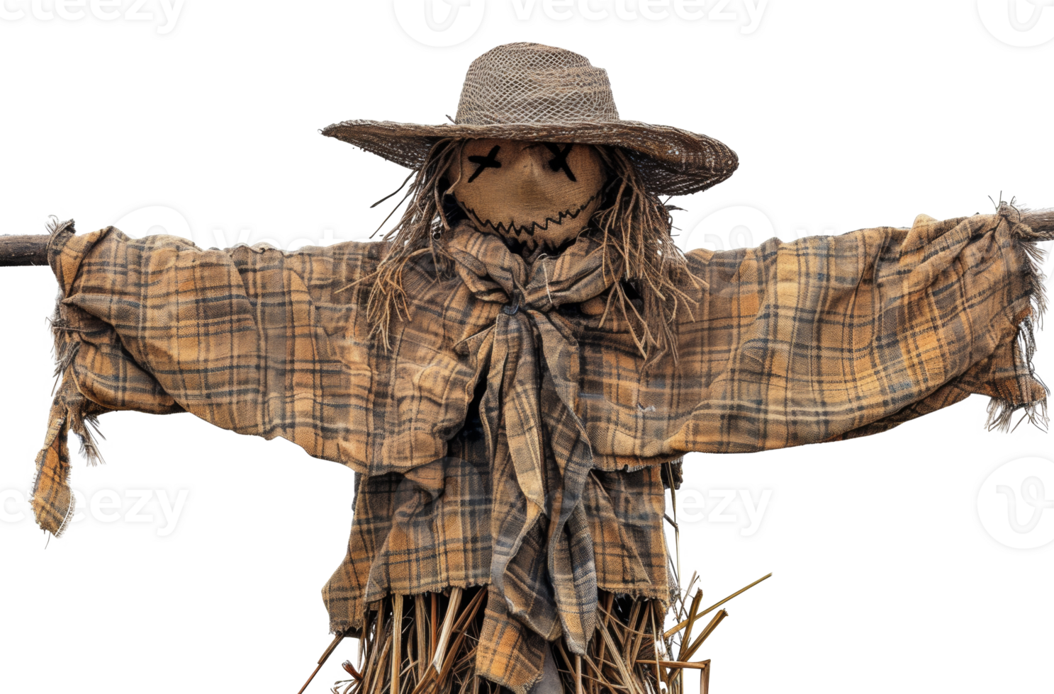 AI generated Handmade scarecrow guarding the autumn harvest field on transparent background - stock png. png