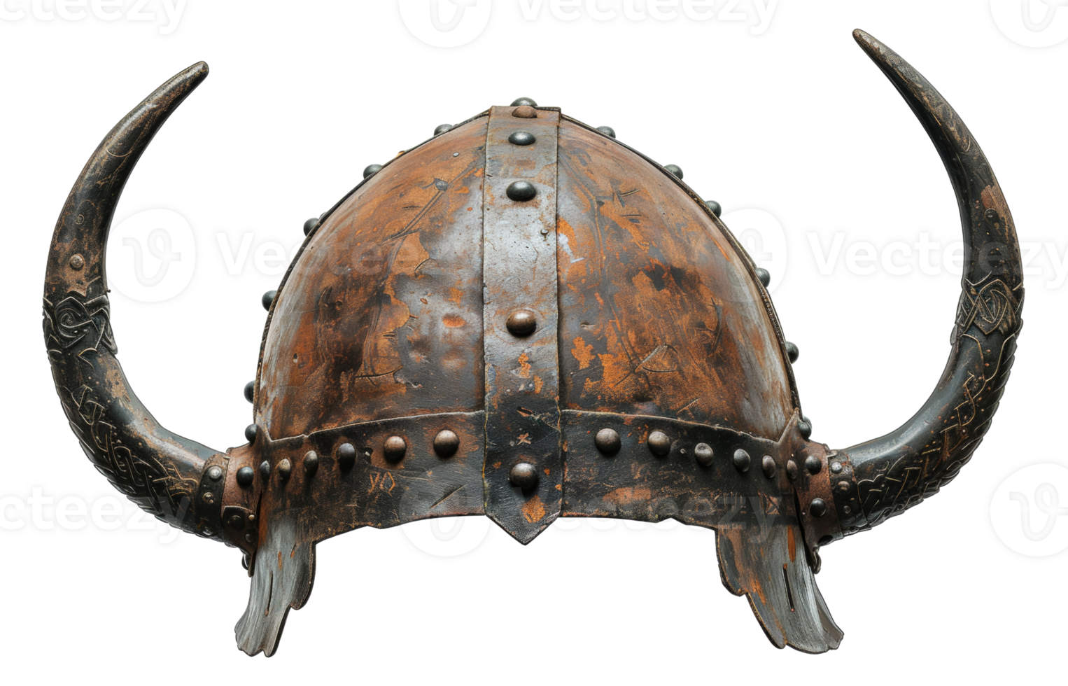 AI generated Ancient Norse Viking helmet with intricate metalwork and horns on transparent background - stock png. png