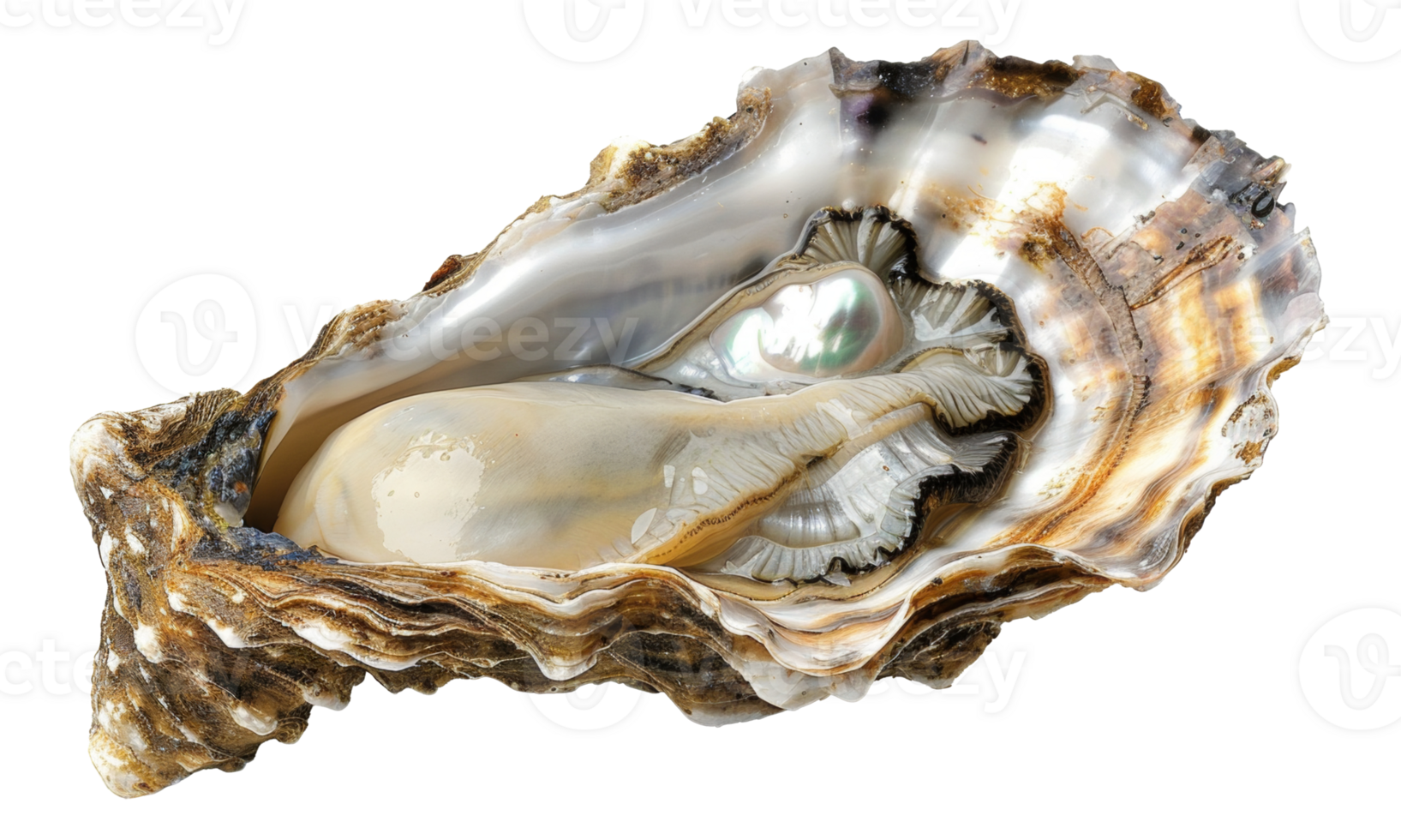 AI generated Lustrous pearl nestled within a natural oyster shell on transparent background - stock png. png