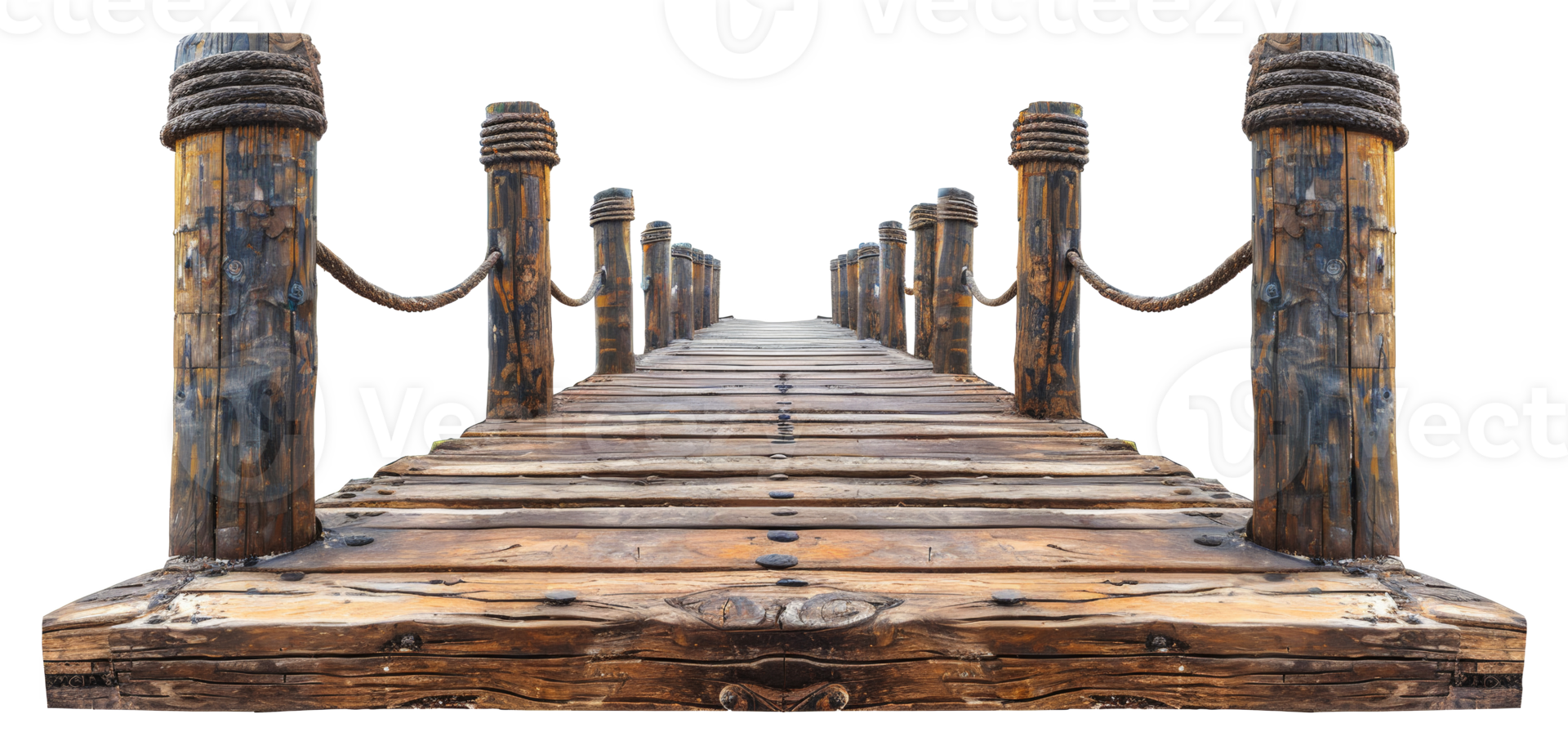 AI generated Wooden pier with rope railings on transparent background - stock png. png