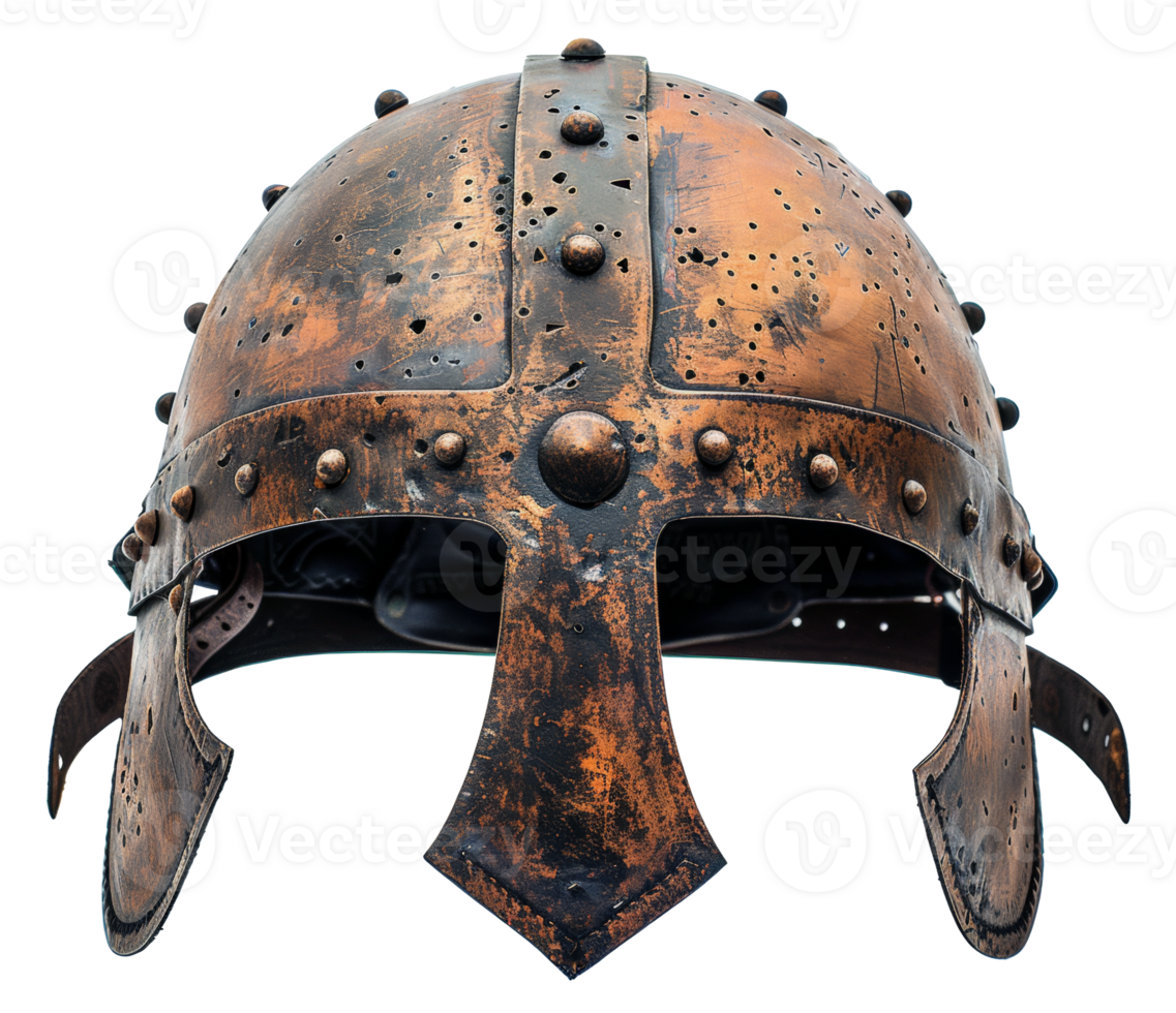 AI generated Ancient Norse Viking helmet with intricate metalwork and horns on transparent background - stock png. png