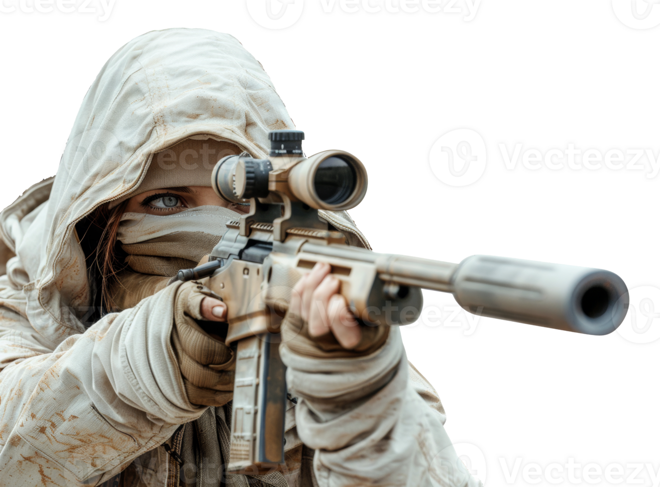 AI generated Camouflaged soldier aiming with precision and focus on transparent background - stock png. png