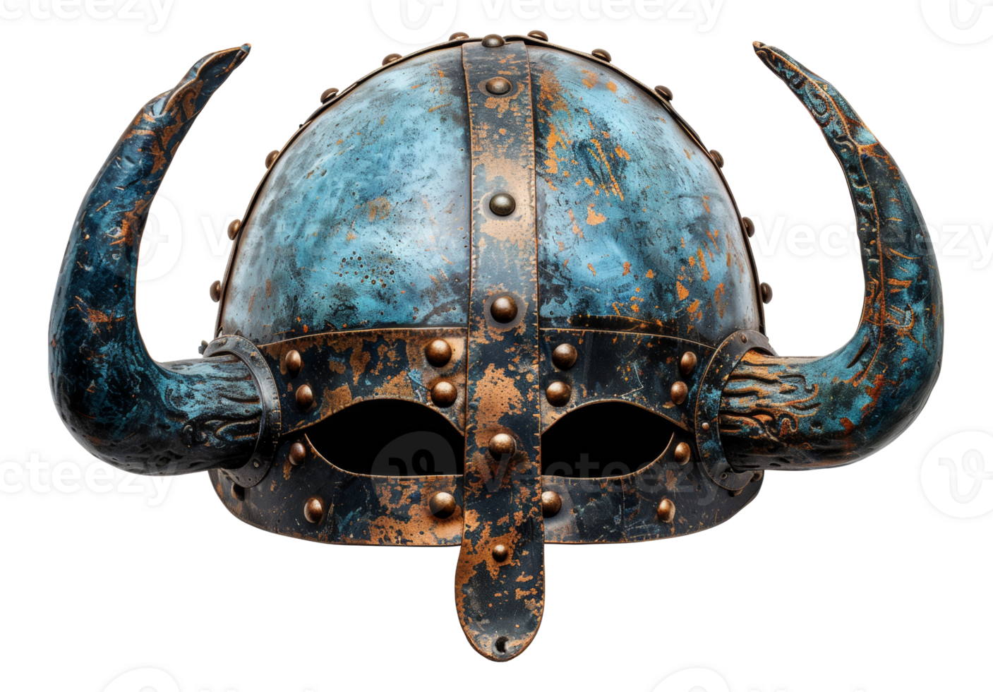 AI generated Ancient Norse Viking helmet with intricate metalwork and horns on transparent background - stock png. png