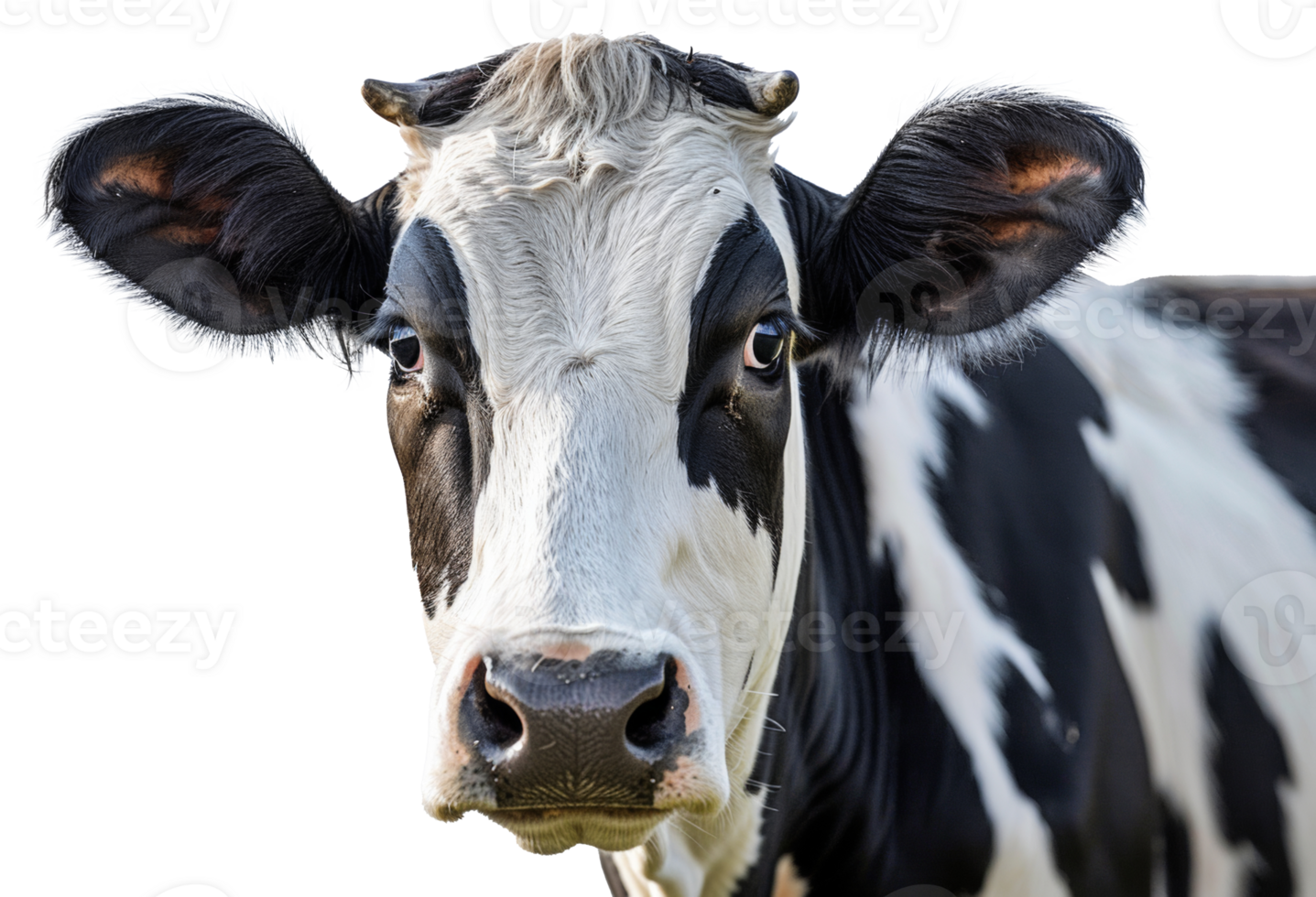 AI generated Black and white cow with attentive gaze on transparent background - stock png. png