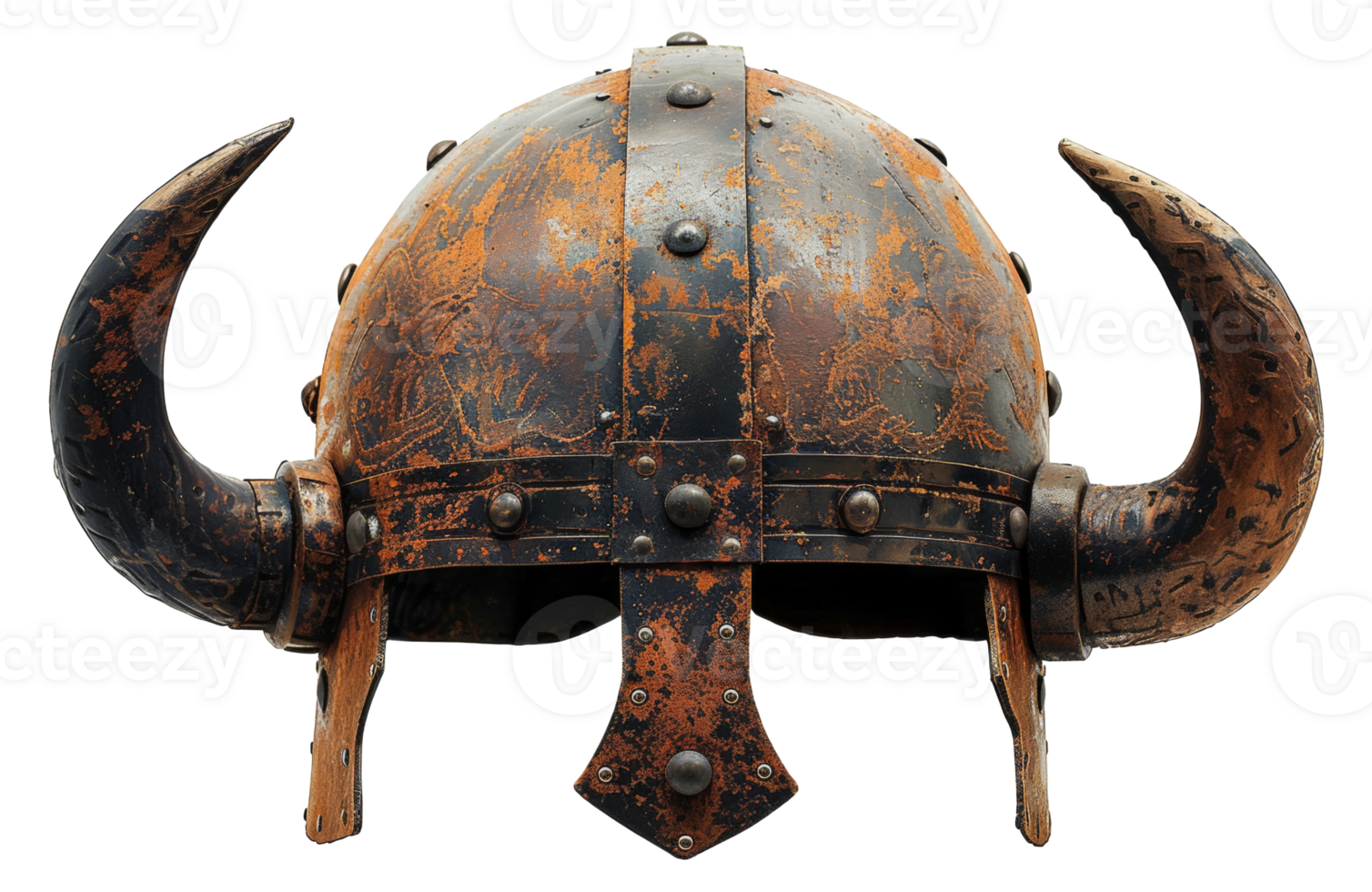 AI generated Ancient Norse Viking helmet with intricate metalwork and horns on transparent background - stock png. png