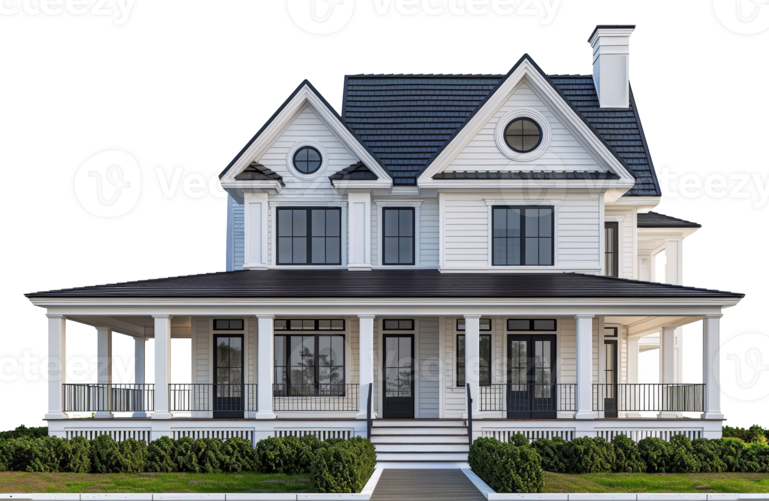 AI generated Elegant white Victorian house with gray accents and spacious front porch on transparent background - stock png. png