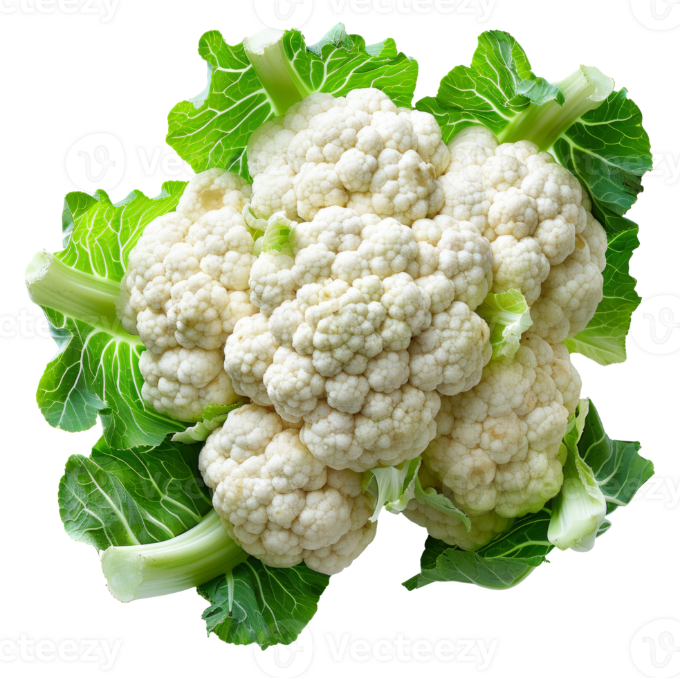 AI generated Fresh cauliflower with green leaves on transparent background - stock png. png