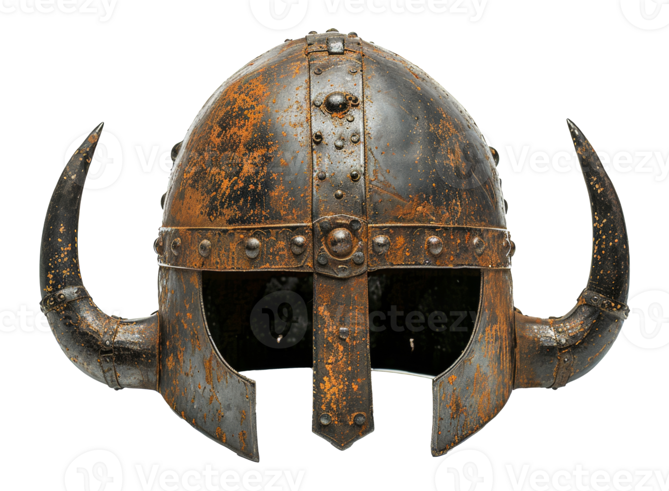 AI generated Ancient Norse Viking helmet with intricate metalwork and horns on transparent background - stock png. png