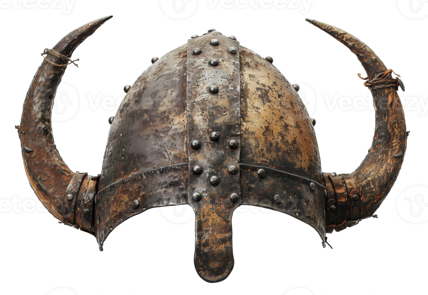 AI generated Ancient Norse Viking helmet with intricate metalwork and horns on transparent background - stock png. png