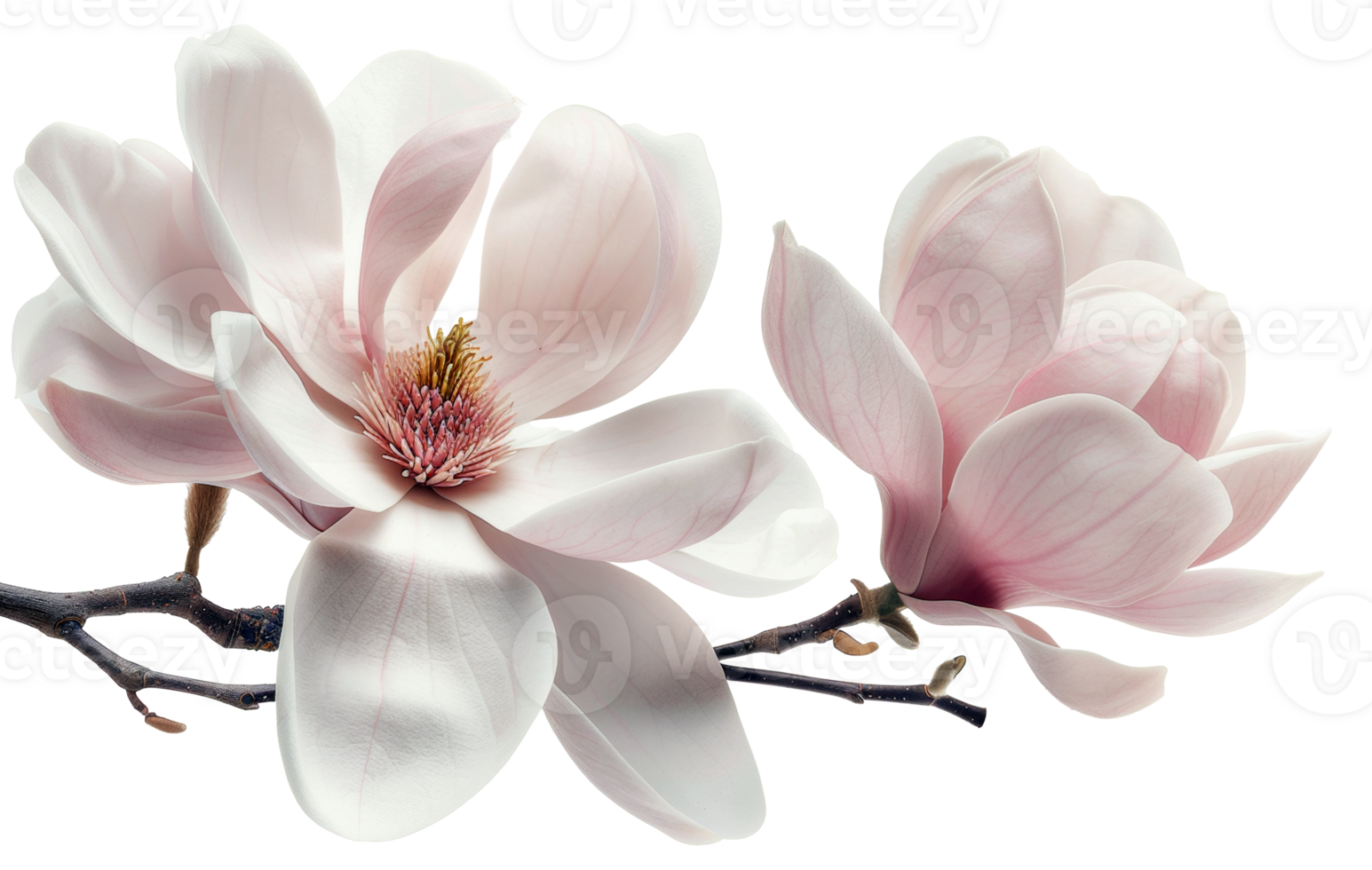 AI generated Soft white magnolia flowers in full bloom on branch on transparent background - stock png. png