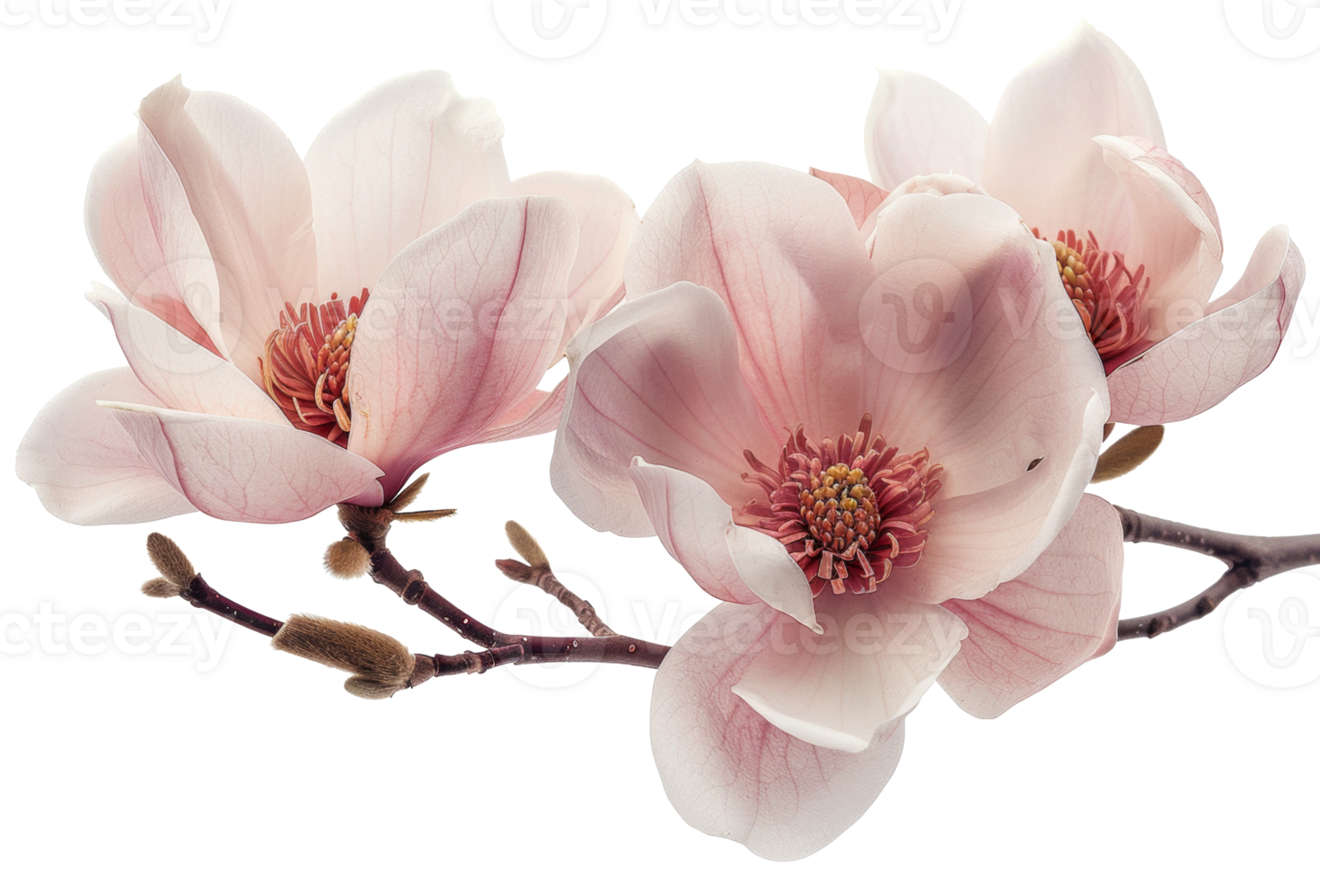 AI generated Delicate pink magnolia flowers on branch on transparent background - stock png. png