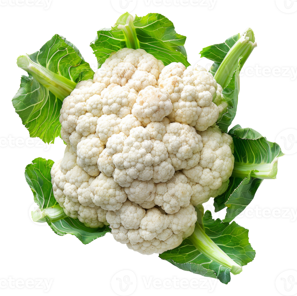 AI generated Fresh cauliflower with green leaves on transparent background - stock png. png