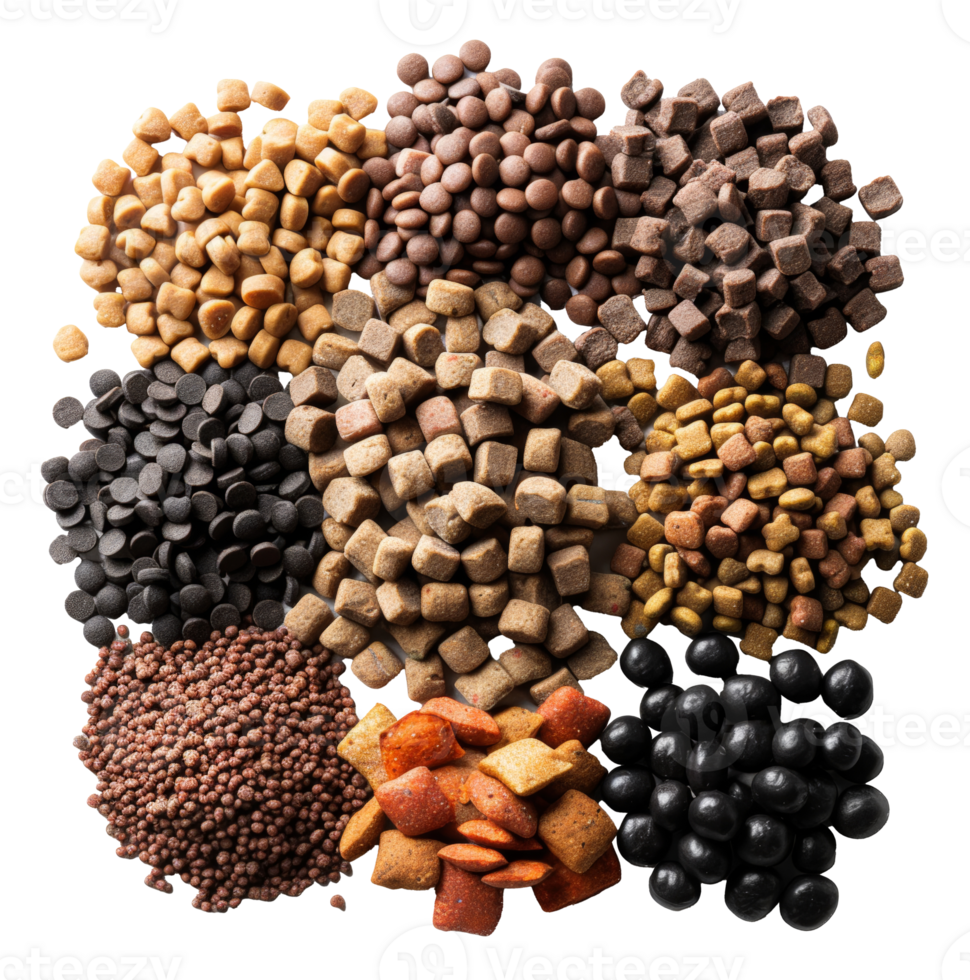 AI generated Assorted textures and shapes of dry pet food for nutrition on transparent background - stock png. png