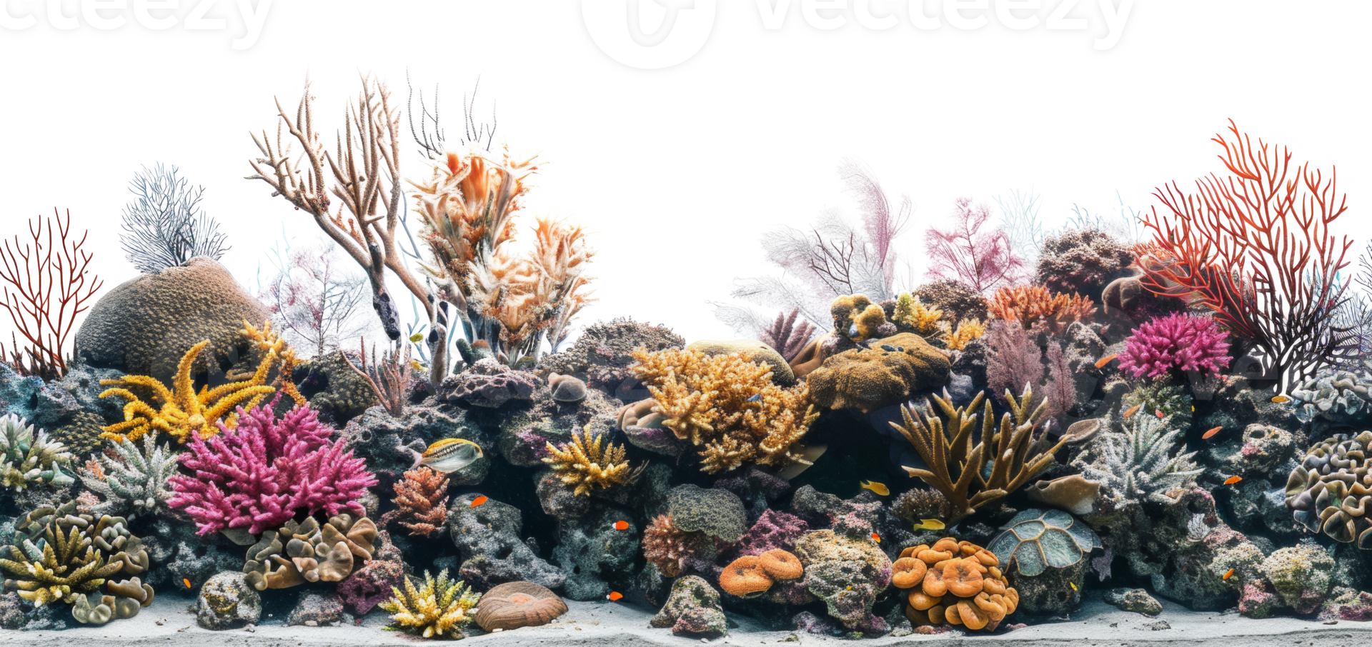 AI generated Panoramic view of vibrant colorful coral reef biodiversity on transparent background - stock png. png
