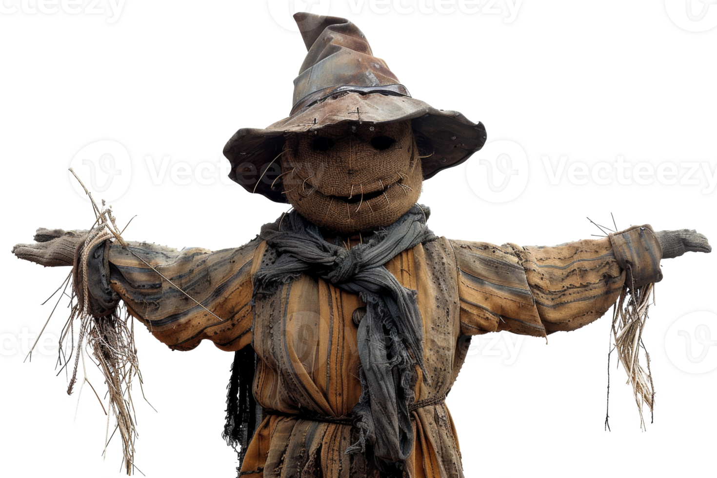 AI generated Handmade scarecrow guarding the autumn harvest field on transparent background - stock png. png