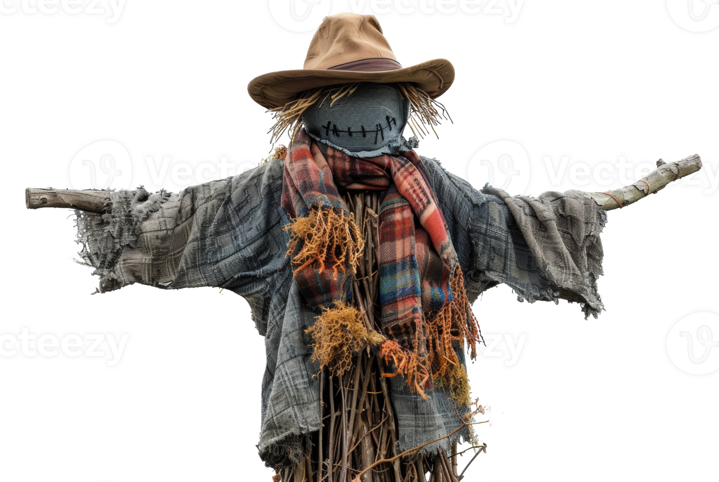 AI generated Handmade scarecrow guarding the autumn harvest field on transparent background - stock png. png