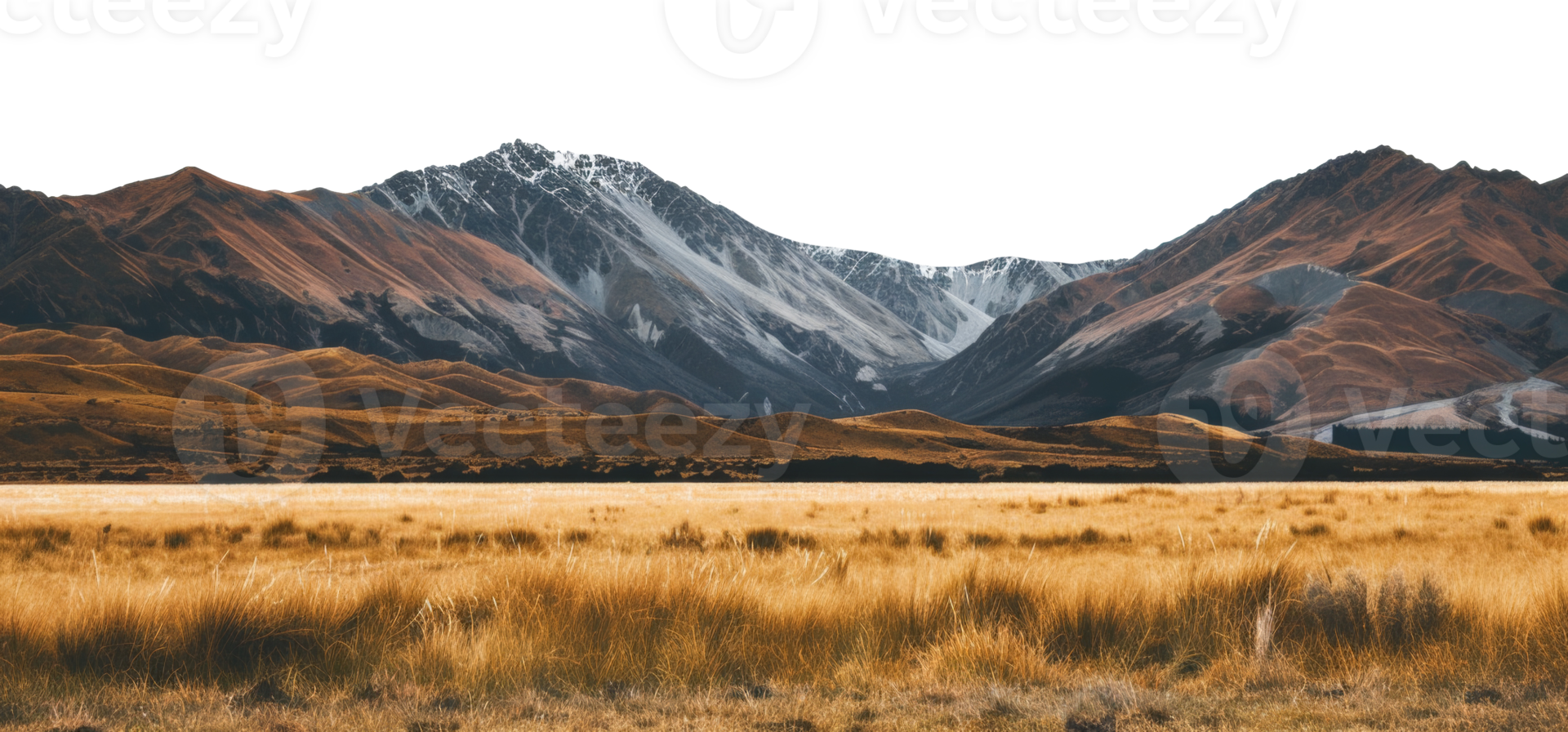 AI generated Snow-capped mountains towering over golden meadows and trees on transparent background - stock png. png