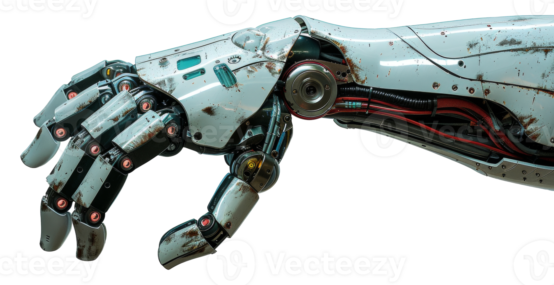 AI generated Futuristic white robotic arm with mechanical complexity on transparent background - stock png. png