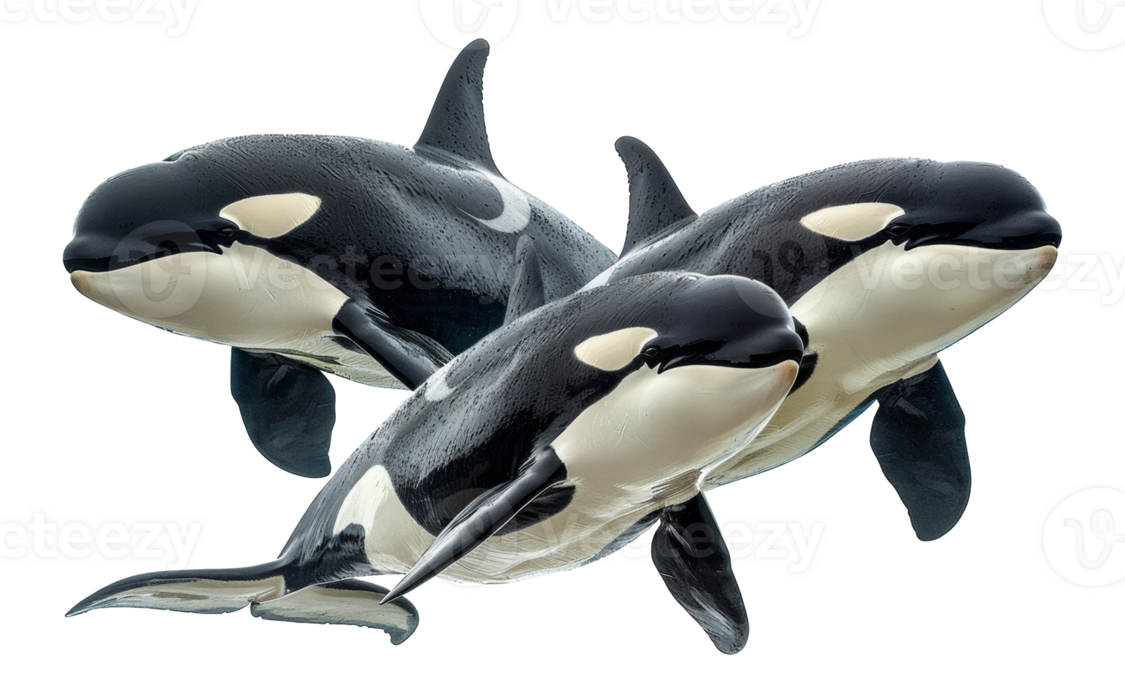 AI generated Trio of orcas swimming together in the ocean on transparent background - stock png. png