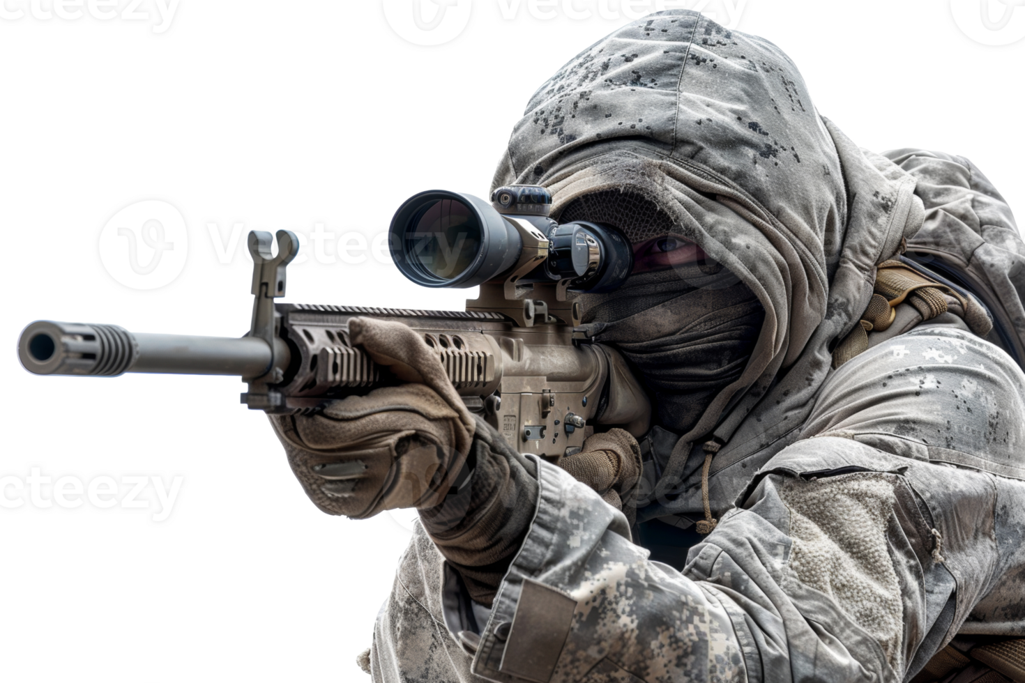 AI generated Camouflaged soldier aiming with precision and focus on transparent background - stock png. png