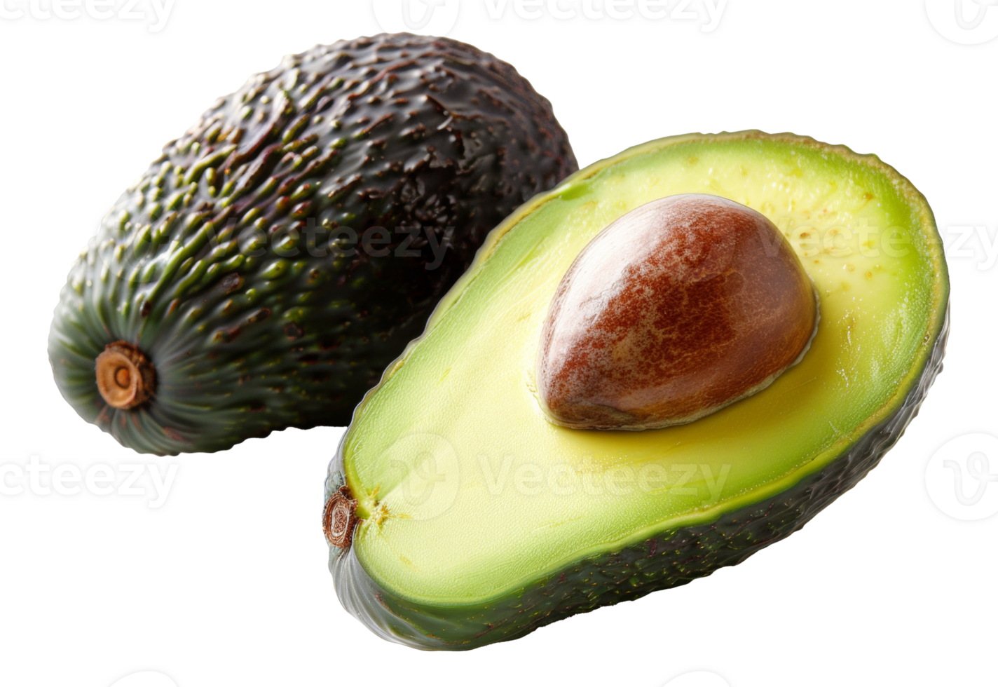 AI generated Ripe avocado cut in half revealing the seed on transparent background - stock png. png