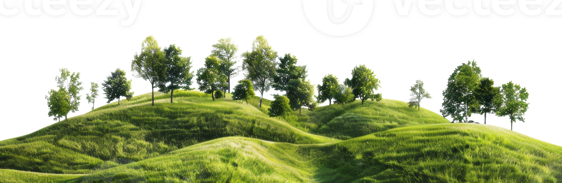 AI generated Serene rolling green hills with lush trees in a peaceful landscape on transparent background - stock png. png