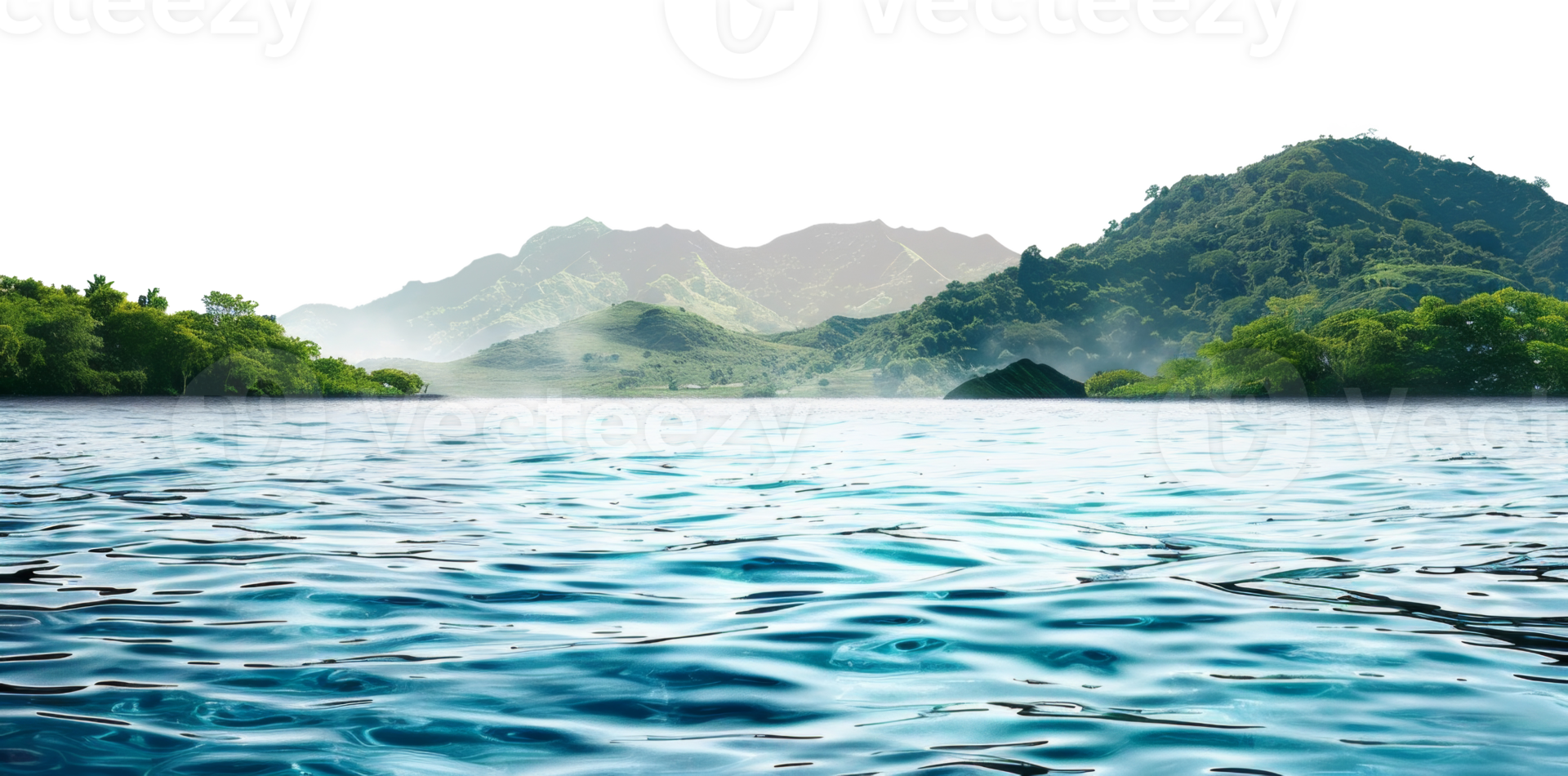 AI generated Serene lake with lush green mountainous backdrop in a tranquil environment on transparent background - stock png. png