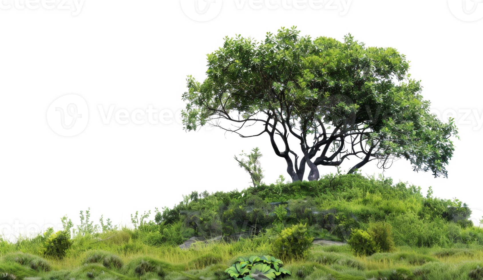 AI generated Serene rolling green hills with lush trees in a peaceful landscape on transparent background - stock png. png