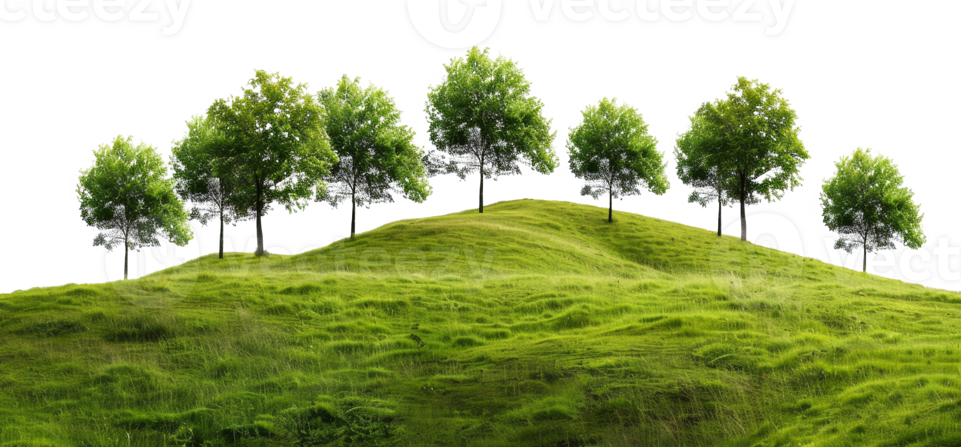 AI generated Serene rolling green hills with lush trees in a peaceful landscape on transparent background - stock png. png