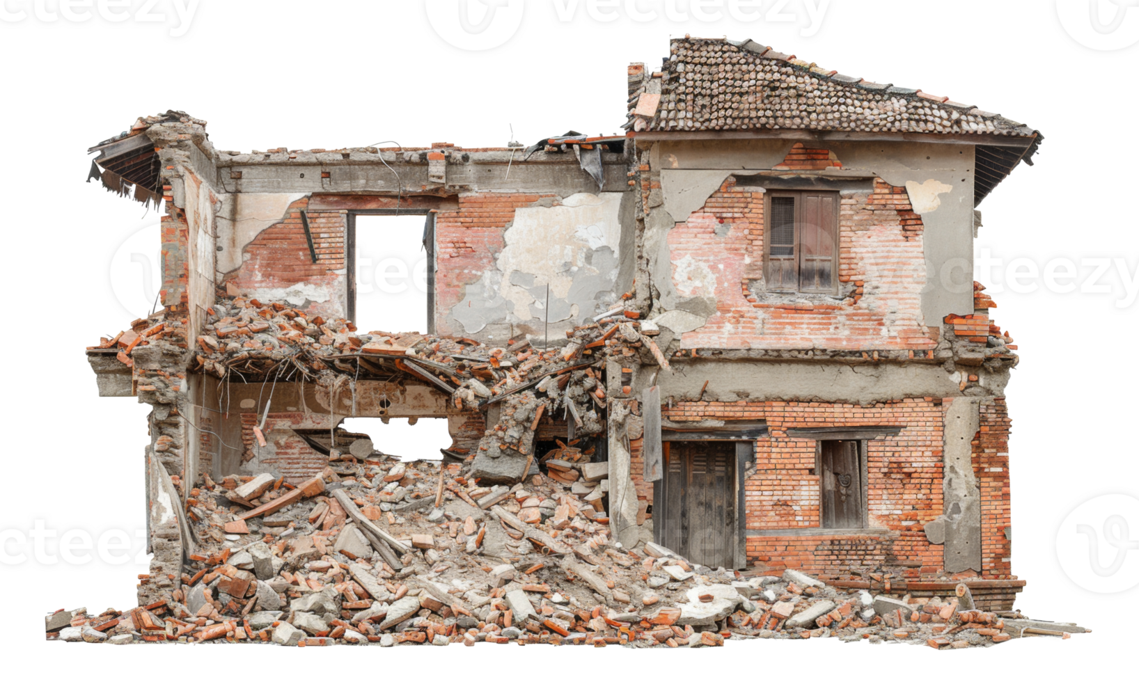 AI generated Demolished building ruins with scattered debris on transparent background - stock png. png