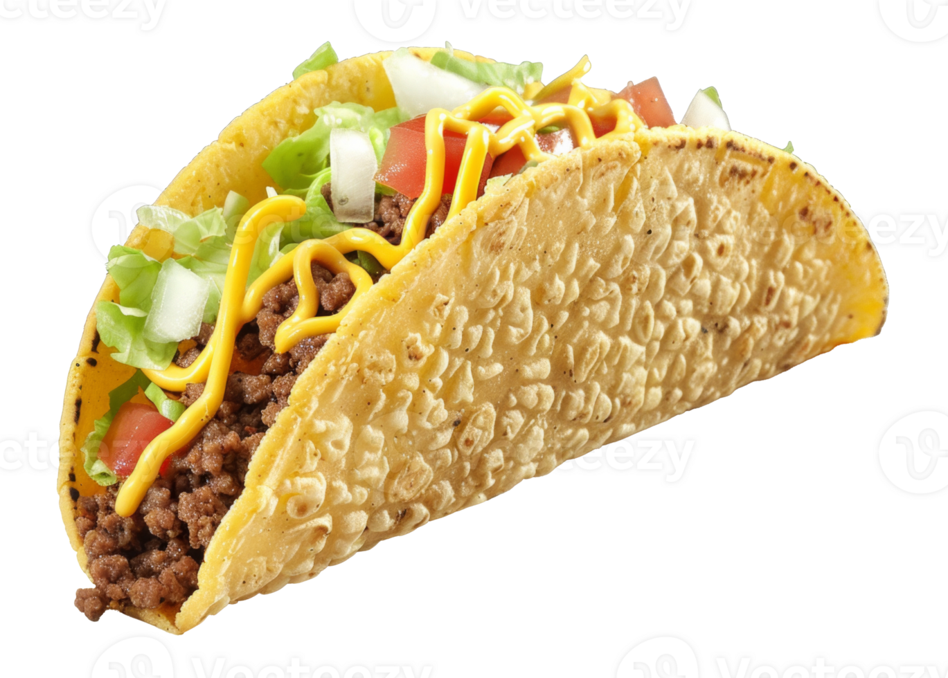 AI generated Crunchy beef taco with lettuce, cheese, and tomato on transparent background - stock png. png