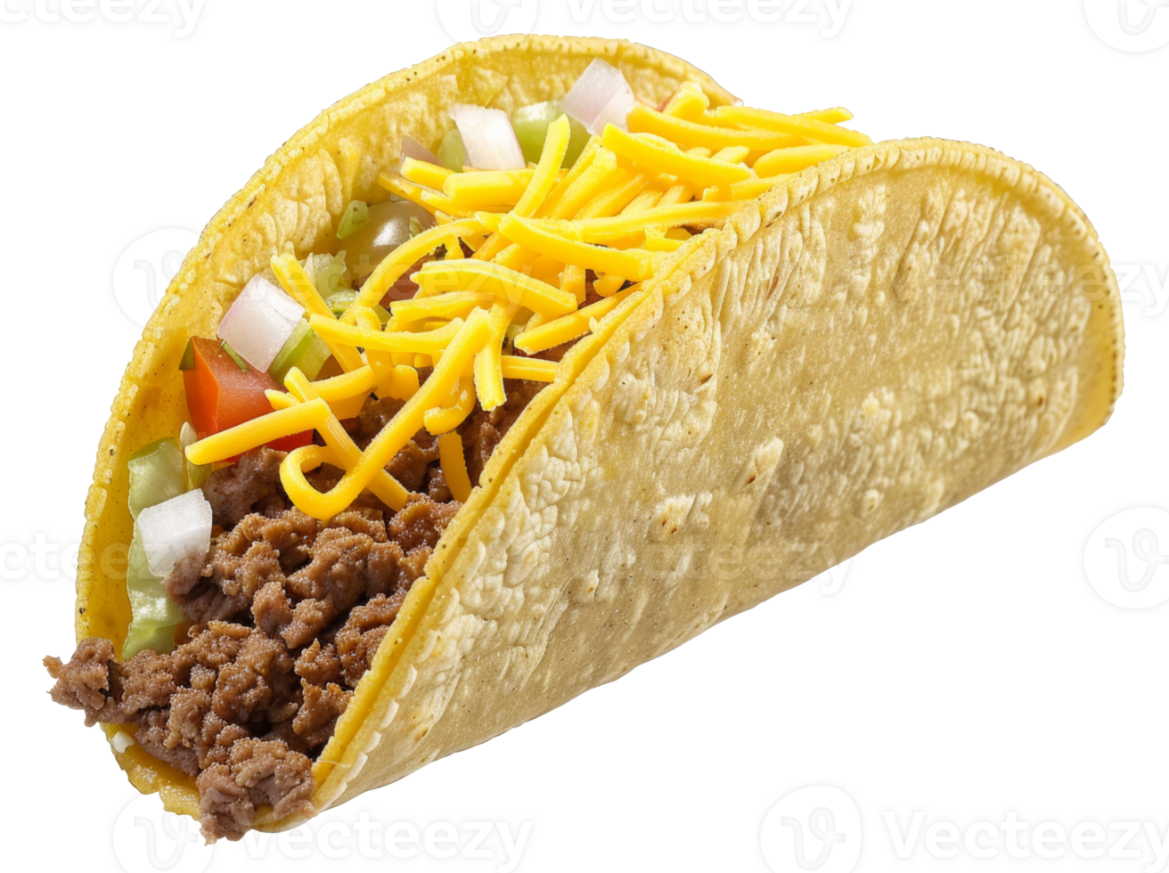 AI generated Crunchy beef taco with lettuce, cheese, and tomato on transparent background - stock png. png