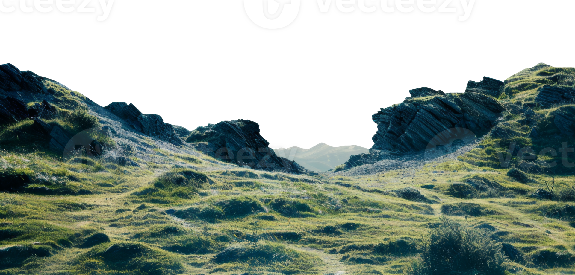 AI generated Rolling green hills under a clear sky in a serene rural landscape on transparent background - stock png. png
