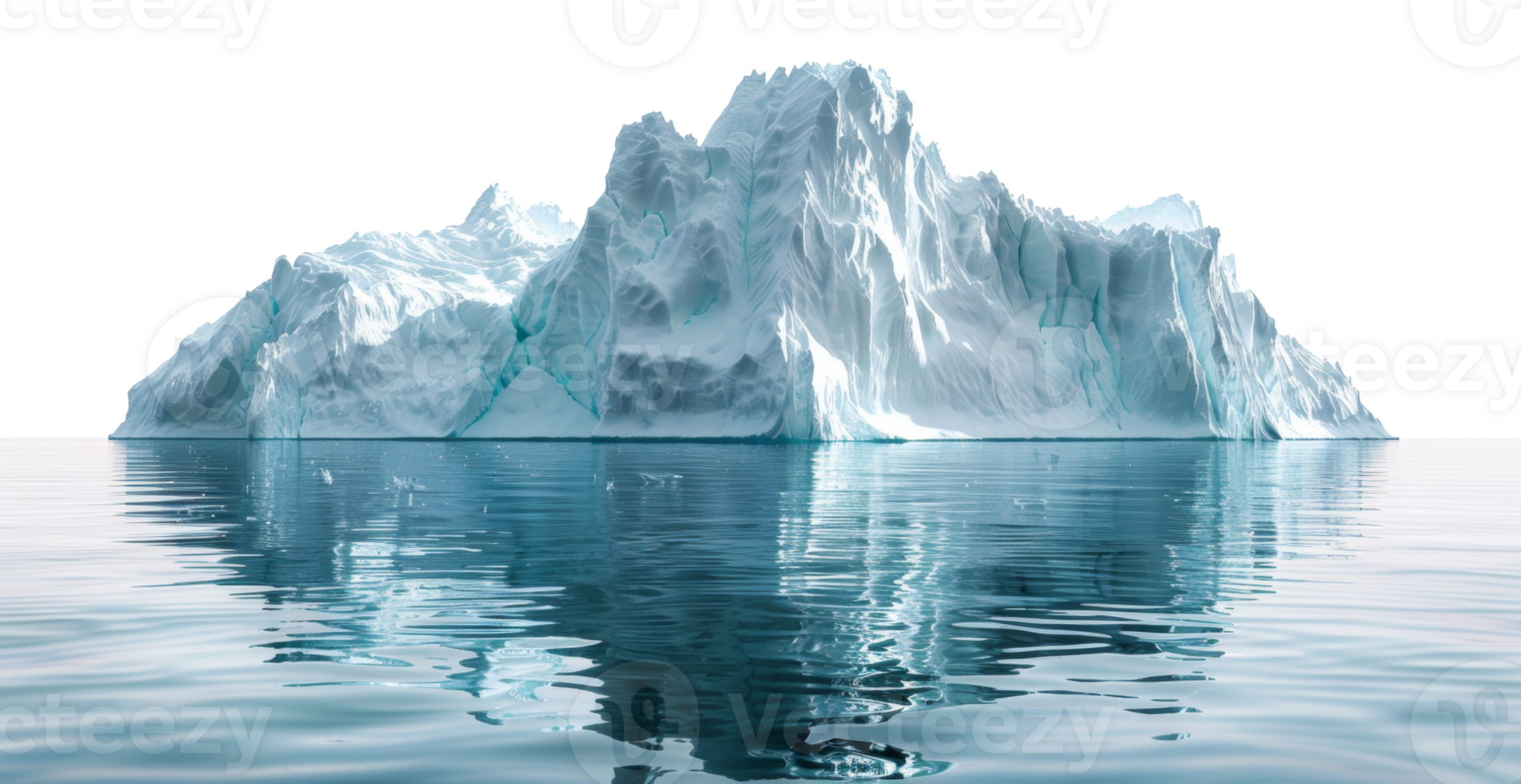 AI generated Majestic iceberg floating in calm water with reflection on transparent background - stock png. png