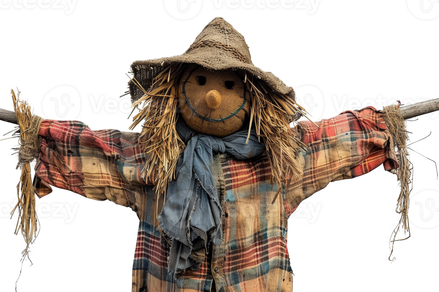 AI generated Handmade scarecrow guarding the autumn harvest field on transparent background - stock png. png