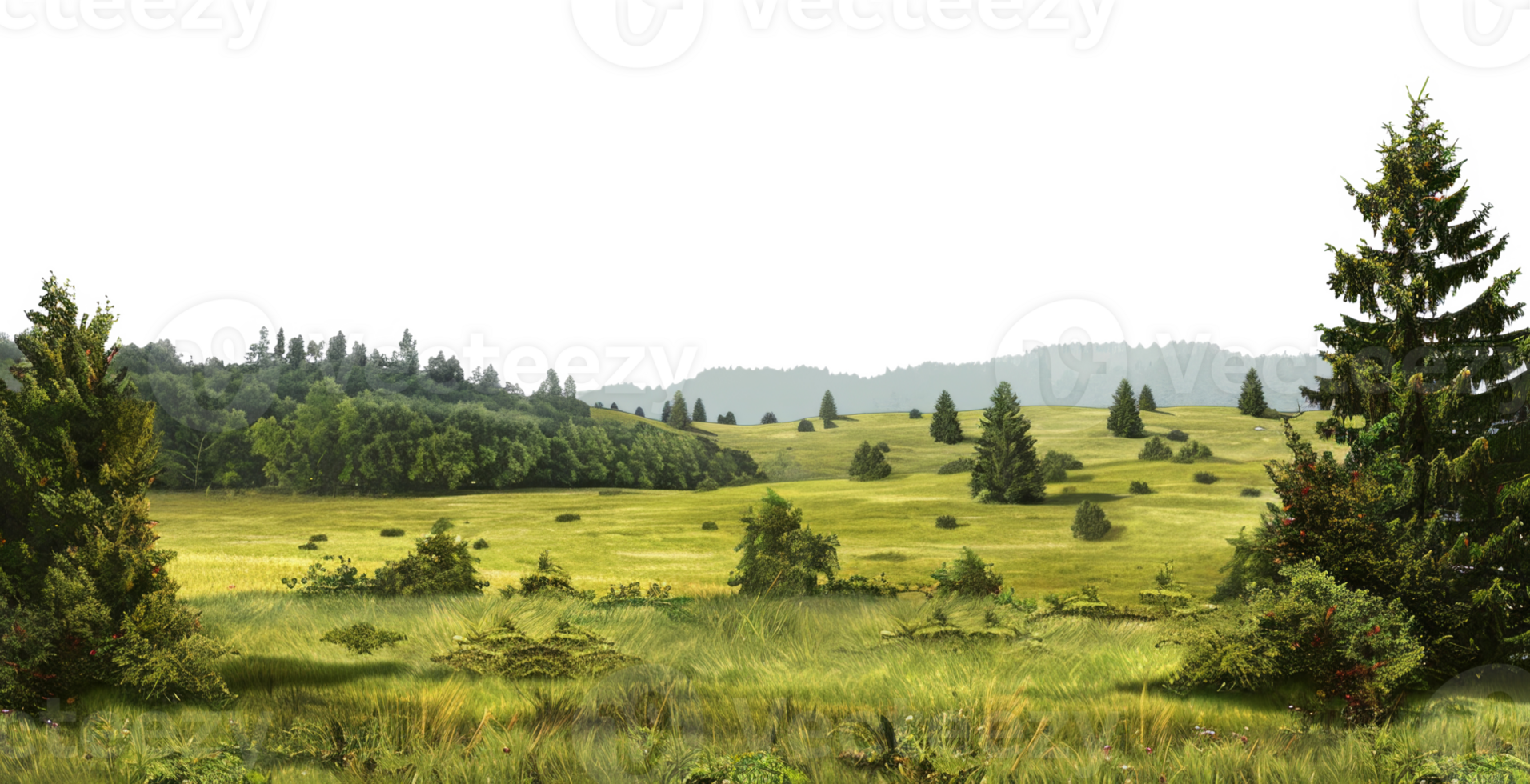 AI generated Green rolling hills and lush meadows in a tranquil rural landscape on transparent background - stock png. png