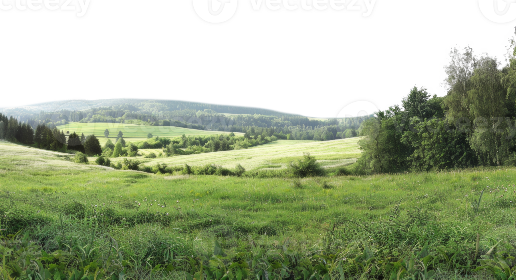AI generated Green rolling hills and lush meadows in a tranquil rural landscape on transparent background - stock png. png