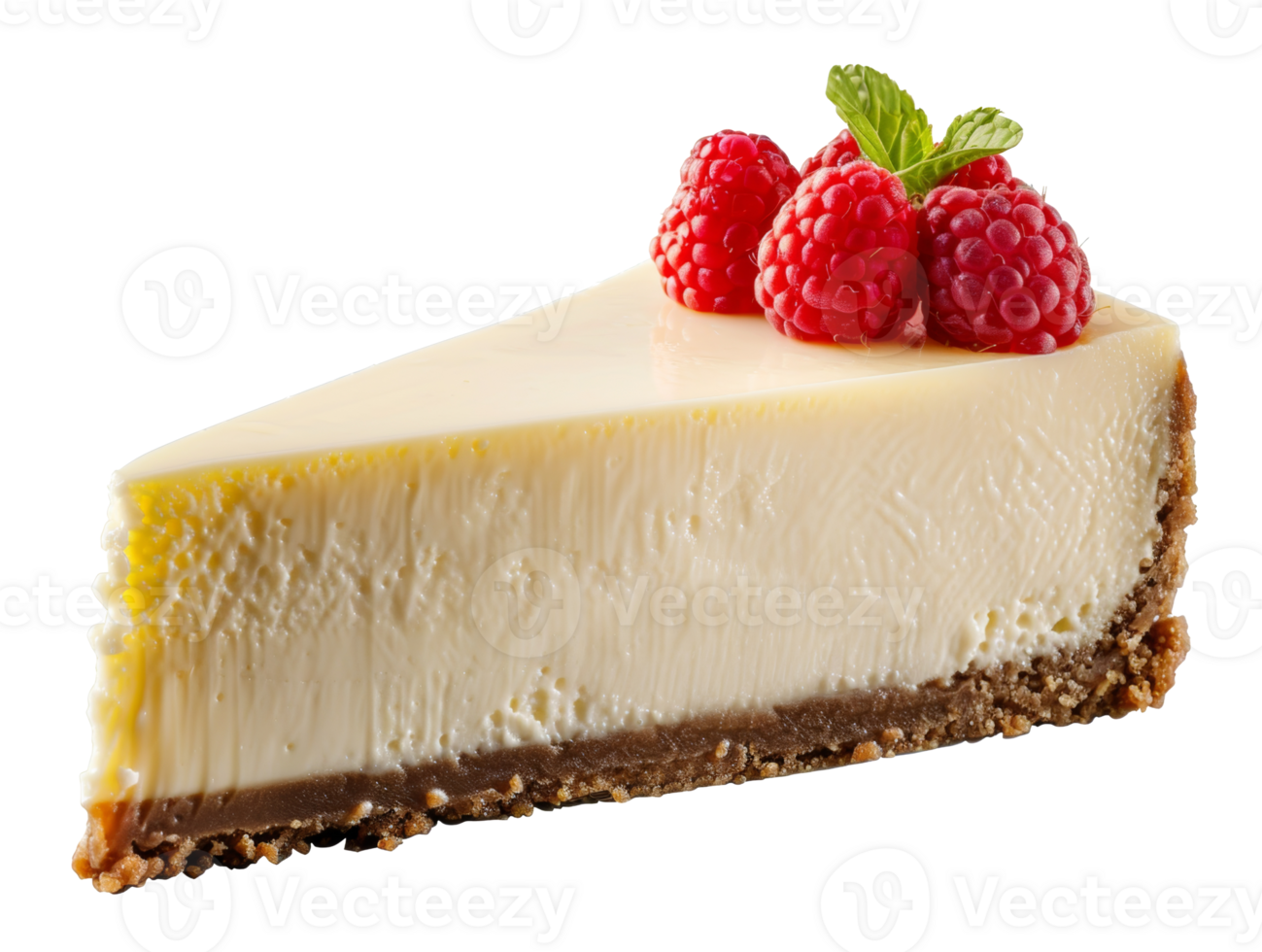 AI generated Classic creamy cheesecake slice with raspberry on transparent background - stock png. png