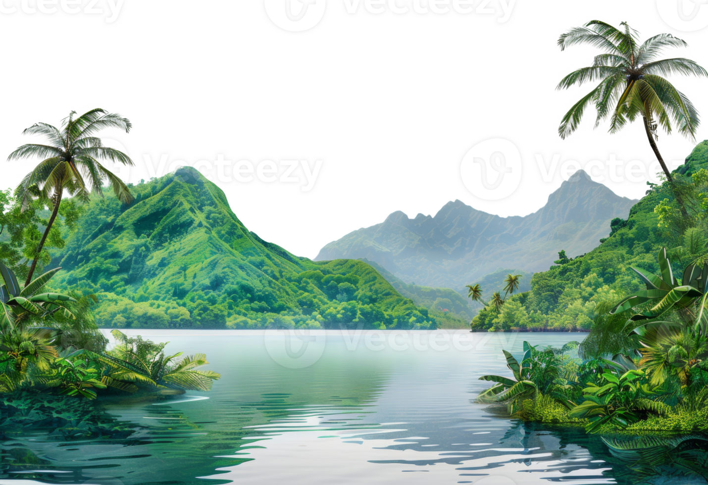 AI generated Serene tropical lake with lush foliage and palm trees on transparent background - stock png. png